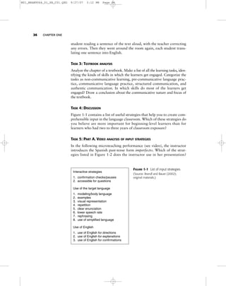 26 CHAPTER ONE
student reading a sentence of the text aloud, with the teacher correcting
any errors. Then they went around the room again, each student trans-
lating one sentence into English.
TASK 3: TEXTBOOK ANALYSIS
Analyze the chapter of a textbook. Make a list of all the learning tasks, iden-
tifying the kinds of skills in which the learners get engaged. Categorize the
tasks as non-communicative learning, pre-communicative language prac-
tice, communicative language practice, structured communication, and
authentic communication. In which skills do most of the learners get
engaged? Draw a conclusion about the communicative nature and focus of
the textbook.
TASK 4: DISCUSSION
Figure 1-1 contains a list of useful strategies that help you to create com-
prehensible input in the language classroom. Which of these strategies do
you believe are more important for beginning-level learners than for
learners who had two to three years of classroom exposure?
TASK 5: PART A. VIDEO ANALYSIS OF INPUT STRATEGIES
In the following microteaching performance (see video), the instructor
introduces the Spanish past-tense form imperfecto. Which of the strat-
egies listed in Figure 1-2 does the instructor use in her presentation?
Interactive strategies
1. confirmation checks/pauses
2. accessible for questions
Use of the target language
1. modeling/body language
2. examples
3. visual representation
4. repetition
5. clear enunciation
6. lower speech rate
7. rephrasing
8. use of simplified language
Use of English
1. use of English for directions
2. use of English for explanations
3. use of English for confirmations
FIGURE 1-1 List of input strategies
(Source: Brandl and Bauer (2002);
original materials.)
M01_BRAN9064_01_SE_C01.QXD 9/27/07 3:12 PM Page 26
 