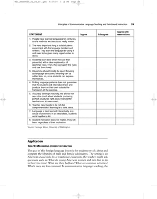 Principles of Communicative Language Teaching and Task-Based Instruction 29
Application
TASK 9: MAXIMIZING STUDENT INTERACTION
The goal of this foreign language lesson is for students to talk about and
compare the lifestyles of male and female adolescents. The setting is an
American classroom. In a traditional classroom, the teacher might ask
questions such as: What do young American women and men like to do
in their free time? What are their hobbies? What are common activities?
Which ones are less common? In communicative language teaching, the
STATEMENT I agree I disagree
I agree with
reservations.
1. People have learned languages for centuries,
so the methods we use do not really matter.
2. The most important thing is to let students
experiment with the language (spoken and
written). They learn the language by using it
and need to be given many opportunities to
do so.
3. Students learn best when they are first
presented with a clear explanation of
grammar rules. Then, they can apply the rules
and use them freely.
3. Class time should mostly be spent focusing
on language structures. Meaning can be
added later on, once students can express
themselves.
4. Drilling language patterns does not guarantee
that the students will internalize them and
produce them on their own outside the
framework of the exercise.
5. Accuracy develops naturally. We should not
worry too much about students producing
perfect structures right away. It is best for
teachers not to overcorrect.
6. Teacher input needs to be rich but
comprehensible if learning is to take place.
7. Language is best learned interactively, in a
social environment. In an ideal class, students
work together a lot.
8. Student motivation does not matter. They will
learn regardless of their motivation.
Source: Hedwige Meyer, University of Washington
M01_BRAN9064_01_SE_C01.QXD 9/27/07 3:12 PM Page 29
 