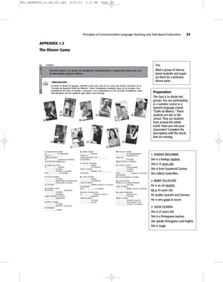 Principles of Communicative Language Teaching and Task-Based Instruction 33
APPENDIX 1.3
The Dinner Game
etnegnocetneG2
32 TAREA
PREPARACIÓN
La clase se divide en grupos. Ustedes están (you are) en un curso de verano (summer) en la
“Escuela de Español Golfo de México”. Estos estudiantes también están en la escuela. Son
estudiantes de todo el mundo. ¿Conocen a sus compañeros/as de escuela? Completen estas
descripciones con las palabras que faltan (are missing).
Conocer (meet) a un grupo de estudiantes internacionales y organizarlos para una cena
de bienvenida (welcome dinner).
NOTAS
TN02-17
1. SANDRA MOGAMBE
ES ____________ DE BIOLOGÍA.
TIENE 17 ____________.
HABLA ESPAÑOL.
ES ____________ GUINEA ECUATORIAL.
COLECCIONA MARIPOSAS.
2. MARK SELLIGSON
ES ____________ DE ARTE.
____________ 45 AÑOS.
____________ ESPAÑOL Y ALEMÁN.
MUY ____________ AL FÚTBOL.
3. SILVIA OLIVEIRA
____________ 23 AÑOS.
____________ PROFESORA DE PORTUGUÉS.
____________ PORTUGUÉS E INGLÉS.
ES SOLTERA.
4. ANDREW SMITH
PROFESOR ____________ GIMNASIA.
____________ 50 AÑOS.
____________ SEPARADO.
HABLA ESPAÑOL E INGLÉS.
____________ MARIPOSAS.
5. KEIKO TANAKA
____________ 20 AÑOS.
____________ JAPONÉS Y UN POCO
DE ESPAÑOL.
____________ CASADA.
6. AKIRA TANAKA
____________ PINTOR.
TIENE 22 ____________.
HABLA JAPONÉS Y UN ____________
DE ESPAÑOL.
7. SAMUEL SOHAMY
____________ ISRAELÍ.
____________ ESTUDIANTE.
TIENE 18 AÑOS.
____________ HEBREO Y UN ____________
DE INGLÉS.
8. LANA SOHAMY
____________ ISRAELÍ.
____________ ESTUDIANTE.
TIENE 20 AÑOS.
____________ HEBREO, INGLÉS Y UN POCO
DE JAPONÉS.
MUY ____________ AL FÚTBOL.
9. JENNY DONALDSON
ES ____________ ESTADOS UNIDOS.
____________ PIANISTA.
TIENE 20 AÑOS.
____________ SOLTERA.
____________ INGLÉS.
10. NICOLE TOMBA
____________ ESTADOUNIDENSE.
____________ INFORMÁTICA.
TIENE 26 ____________.
____________ SOLTERA.
HABLA INGLÉS Y ESPAÑOL.
11. MISHA GÁLVEZ
____________ FUNCIONARIA.
____________ 33 AÑOS.
____________ CASADA.
SÓLO ____________ TAGALO Y UN POCO
DE ESPAÑOL.
MUY AFICIONADA AL FÚTBOL.
12. ALI AL-HALEB
EXPERTO EN COMPUTADORAS.
____________ SOLTERO.
TIENE 30 AÑOS.
____________ ÁRABE, INGLÉS Y ESPAÑOL.
13. MARK DORFMAN
____________ ARQUITECTO.
____________ SOLTERO.
TIENE 47 AÑOS.
____________ ALEMÁN E INGLÉS.
____________ AFICIONADO A LA
____________ CLÁSICA Y AL PIANO.
9
5
6 2
43
01
31
21
11
7
8
1
TASK
Meet a group of interna-
tional students and organ-
ize them for a welcome
dinner party.
1. SANDRA MOGAMBE
She is a biology student.
She is 17 years old.
She is from Equatorial Guinea.
She collects butterflies.
2. MARK SELLIGSON
He is an art student.
He is 45 years old.
He studies Spanish and German.
He is very good at soccer.
3. SILVIA OLIVERA
She is 23 years old.
She is a Portuguese teacher.
She speaks Portuguese and English.
She is single.
Preparation
The class is to divide into
groups. You are participating
in a summer course in a
Spanish language school,
“Golfo de México.” These
students are also in the
school. They are students
from around the whole
world. Have you met your
classmates? Complete the
descriptions with the words
that are missing.
M01_BRAN9064_01_SE_C01.QXD 9/27/07 3:13 PM Page 33
 