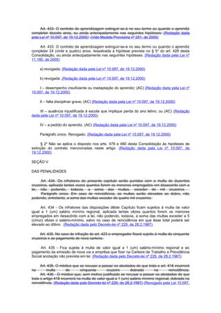 Art. 433. O contrato de aprendizagem extinguir-se-á no seu termo ou quando o aprendiz
completar dezoito anos, ou ainda antecipadamente nas seguintes hipóteses: (Redação dada
pela Lei nº 10.097, de 19.12.2000) (Vide Medida Provisória nº 251, de 2005)

     Art. 433. O contrato de aprendizagem extinguir-se-á no seu termo ou quando o aprendiz
completar 24 (vinte e quatro) anos, ressalvada a hipótese prevista no § 5 o do art. 428 desta
Consolidação, ou ainda antecipadamente nas seguintes hipóteses: (Redação dada pela Lei nº
11.180, de 2005)

     a) revogada; (Redação dada pela Lei nº 10.097, de 19.12.2000)

     b) revogada .(Redação dada pela Lei nº 10.097, de 19.12.2000)

     I – desempenho insuficiente ou inadaptação do aprendiz; (AC) (Redação dada pela Lei nº
10.097, de 19.12.2000)

     II – falta disciplinar grave; (AC) (Redação dada pela Lei nº 10.097, de 19.12.2000)

    III – ausência injustificada à escola que implique perda do ano letivo; ou (AC) (Redação
dada pela Lei nº 10.097, de 19.12.2000)

     IV – a pedido do aprendiz. (AC) (Redação dada pela Lei nº 10.097, de 19.12.2000)

     Parágrafo único. Revogado. (Redação dada pela Lei nº 10.097, de 19.12.2000)

      § 2o Não se aplica o disposto nos arts. 479 e 480 desta Consolidação às hipóteses de
extinção do contrato mencionadas neste artigo. (Redação dada pela Lei nº 10.097, de
19.12.2000)

SEÇÃO V

DAS PENALIDADES

     Art. 434. Os infratores do presente capítulo serão punidos com a multa de duzentos
cruzeiros, aplicada tantas vezes quantos forem os menores empregados em desacordo com a
lei, não podendo, todavia, a soma das multas, exceder de mil cruzeiros.
     Parágrafo único. Em caso de reincidência, as multas serão elevadas ao dobro, não
podendo, entretanto, a soma das multas exceder de quatro mil cruzeiros.

      Art. 434 - Os infratores das disposições dêste Capítulo ficam sujeitos à multa de valor
igual a 1 (um) salário mínimo regional, aplicada tantas vêzes quantos forem os menores
empregados em desacôrdo com a lei, não podendo, todavia, a soma das multas exceder a 5
(cinco) vêzes o salário-mínimo, salvo no caso de reincidência em que êsse total poderá ser
elevado ao dôbro. (Redação dada pelo Decreto-lei nº 229, de 28.2.1967)

     Art. 435. No caso de infração do art. 423 o empregador ficará sujeito à multa de cinquenta
cruzeiros e ao pagamento de nova carteira.

     Art. 435 - Fica sujeita à multa de valor igual a 1 (um) salário-mínimo regional e ao
pagamento da emissão de nova via a emprêsa que fizer na Carteira de Trabalho e Previdência
Social anotação não prevista em lei. (Redação dada pelo Decreto-lei nº 229, de 28.2.1967)

      Art. 436. O médico que se recusar a passar os atestados de que trata o art. 418 incorrerá
na        multa       de       cinquenta        cruzeiro      dobrada       na       reincidência.
      Art. 436 - O médico que, sem motivo justificado se recusar a passar os atestadas de que
trata o artigo 418 incorrerá na multa de valor igual a 1 (um) salário-mínimo regional, dobrada na
reincidência. (Redação dada pelo Decreto-lei nº 229, de 28.2.1967) (Revogado pela Lei 10.097,
 