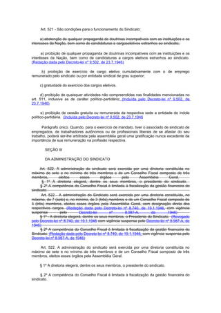 Art. 521 - São condições para o funcionamento do Sindicato:

      a) abstenção de qualquer propaganda de doutrinas incompatíveis com as instituições e os
interesses da Nação, bem como de candidaturas a cargoseletivos estranhos ao sindicato;

      a) proibição de qualquer propaganda de doutrinas incompatíveis com as instituições e os
interêsses da Nação, bem como de candidaturas a cargos eletivos estranhos ao sindicato.
(Redação dada pelo Decreto-lei nº 9.502, de 23.7.1946)

     b) proibição de exercício de cargo eletivo cumulativamente com o de emprego
remunerado pelo sindicato ou por entidade sindical de grau superior;

    c) gratuidade do exercício dos cargos eletivos.

      d) proibição de quaisquer atividades não compreendidas nas finalidades mencionadas no
art. 511, inclusive as de caráter político-partidário; (Incluída pelo Decreto-lei nº 9.502, de
23.7.1946)

      e) proibição de cessão gratuita ou remunerada da respectiva sede a entidade de índole
político-partidária. (Incluída pelo Decreto-lei nº 9.502, de 23.7.1946

      Parágrafo único. Quando, para o exercício de mandato, tiver o associado de sindicato de
empregados, de trabalhadores autônomos ou de profissionais liberais de se afastar do seu
trabalho, poderá ser-lhe arbitrada pela assembléia geral uma gratificação nunca excedente da
importância de sua remuneração na profissão respectiva.

       SEÇÃO III

       DA ADMINISTRAÇÃO DO SINDICATO

     Art. 522. A administração do sindicato será exercida por uma diretoria constituída no
máximo de sete e no mínimo de três membros e de um Conselho Fiscal composto de três
membros,          eleitos       esses       órgãos     pela       Assembléia        Geral.
       § 1º A diretoria elegerá, dentre os seus membros, o presidente do sindicato.
      § 2º A competência do Conselho Fiscal é limitada à fiscalização da gestão financeira do
sindicato.
       Art. 522 - A administração do Sindicato será exercida por uma diretoria constituída, no
máximo, de 7 (sete) e, no mínimo, de 3 (três) membros e de um Conselho Fiscal composto de
3 (três) membros, eleitos esses órgãos pela Assembléia Geral, com designação direta dos
respectivos cargos. (Redação dada pelo Decreto-lei nº 8.740, de 19.1.1946, com vigência
suspensa           pelo        Decreto-lei       nº      8.987-A,        de        1946)
      § 1º - A diretoria elegerá, dentre os seus membros, o Presidente do Sindicato. (Revogado
pelo Decreto-lei nº 8.740, de 19.1.1946 com vigência suspensa pelo Decreto-lei nº 8.987-A, de
1946)
      § 2º A competência do Conselho Fiscal é limitada à fiscalização da gestão financeira do
Sindicato. (Redação dada pelo Decreto-lei nº 8.740, de 19.1.1946, com vigência suspensa pelo
Decreto-lei nº 8.987-A, de 1946)

    Art. 522. A administração do sindicato será exercida por uma diretoria constituída no
máximo de sete e no mínimo de três membros e de um Conselho Fiscal composto de três
membros, eleitos esses órgãos pela Assembléia Geral.

    § 1º A diretoria elegerá, dentre os seus membros, o presidente do sindicato.

      § 2º A competência do Conselho Fiscal é limitada à fiscalização da gestão financeira do
sindicato.
 