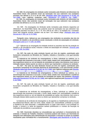 Art. 526. Os empregados do sindicato serão nomeados pela Diretoria ad-referendum da
Assembléia Geral, não podendo recair tal nomeação nos que estiverem nas condições
previstas nas alíneas a, b e d, do art. 530. (Redação dada pelo Decreto-lei nº 8.740, de
19.1.1946, com vigência suspensa pelo Decreto-lei nº 8.987-A, de 1946)
     Art. 526. Os empregados do sindicato serão nomeados pela diretoria ad referendum da
Assembléia Geral, não podendo recair tal nomeação nos que estiverem nas condições
previstas nas alíneas a, b, c e e, do art. 530.

      Art. 526 - Os empregados do Sindicato serão nomeados pela diretoria respectiva ad
referendum, da Assembléia Geral, não podendo recair tal nomeação nos que estiverem nas
condições previstas nos itens II, IV, V, Vl, VII e VlIl do art. 530 e, na hipótese de o nomeador
haver sido dirigente sindical, também nas do item I do mesmo artigo. (Redação dada pelo
Decreto-lei nº 925, de 10.10.1969)

     Parágrafo único. Aplicam-se aos empregados dos sindicatos os preceitos das leis de
proteção do trabalho e de previdência social, excetuado o direito de associação em sindicato.
(Revogado pela Lei nº 11.295, de 2006)

     § 2o Aplicam-se ao empregado de entidade sindical os preceitos das leis de proteção do
trabalho e de previdência social, inclusive o direito de associação em sindicato. (Incluído pela
Lei nº 11.295, de 2006)

      Art. 527. Na sede de cada sindicato haverá um livro de registro, autenticado pelo
funcionário competente do Ministério do Trabalho, Indústria e Comércio, e do qual deverão
constar:
      a) tratando-se de sindicato de empregadores; a firma, individual ou coletiva, ou a
denominação das empresas e sua sede, o nome, idade, estado civil, nacionalidade e residência
dos respectivos sócios ou, em se tratando de sociedade por ações, dos diretores, bem como a
indicação desses dados quanto ao sócio ou diretor que representar a empresa no sindicato;
      Art. 527 - Na sede de cada Sindicato haverá um livro de registro, autenticado pelo
funcionário competente da Comissão Nacional de Sindicalização, e do qual deverão constar:
(Redação dada pelo Decreto-lei nº 8.740, de 19.1.1946, com vigência suspensa pelo Decreto-
lei              nº               8.987-A,              de               1946)
      a) tratando-se de Sindicato de empregadores, a firma individual ou coletiva, ou a
denominação das empresas e sua sede, o nome, idade, estado civil, nacionalidade e residência
dos respectivos sócios, ou, em se tratando de sociedade por ações, dos diretores; (Redação
dada pelo Decreto-lei nº 8.740, de 19.1.1946, com vigência suspensa pelo Decreto-lei nº 8.987-
A, de 1946)

      Art. 527. Na sede de cada sindicato haverá um livro de registro, autenticado pelo
funcionário competente do Ministério do Trabalho, Indústria e Comércio, e do qual deverão
constar:

      a) tratando-se de sindicato de empregadores; a firma, individual ou coletiva, ou a
denominação das empresas e sua sede, o nome, idade, estado civil, nacionalidade e residência
dos respectivos sócios ou, em se tratando de sociedade por ações, dos diretores, bem como a
indicação desses dados quanto ao sócio ou diretor que representar a empresa no sindicato;

      b) tratando-se de sindicato de empregados ou de agentes ou trabalhadores autônomos ou
de profissionais liberais, alem do nome, idade, estado civil, nacionalidade, profissão ou função
e residência de cada associado, o estabelecimento ou lugar onde exerce a sua profissão ou
função, o número e a série da respectiva carteira profissional e o número da inscrição na
instituição de previdência a que pertencer.

      Art. 528. Ocorrendo dissídios ou circunstâncias que perturbem o funcionamento do
sindicato, o ministro do Trabalho, Indústria e Comércio poderá nele intervir, por intermédio de
delegado com atribuições para administração da associação e executar ou propor as medidas
necessárias para normalizar-Ihe o funcionamento. (Revogado pelo Decreto-lei nº 8.740, de
 