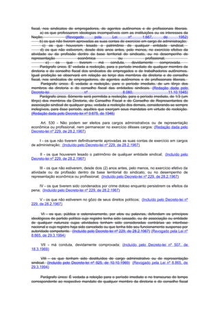 fiscal, nos sindicatos de empregadores, de agentes autônomos e de profissionais liberais.
      a) os que professarem ideologias incompatíveis com as instituições ou os interesses da
Nação;                (Revogado       pela       Lei       nº       1.667,       de       1952)
      b) os que não tiverem aprovadas as suas contas de exercício em cargo de administração;
        c) os que houverem lesado o patrimônio de qualquer entidade sindical;
       d) os que não estiverem, desde dois anos antes, pelo menos, no exercício efetivo da
atividade ou da profissão dentro da base territorial do sindicato, ou no desempenho de
representação                econômica               ou               profissional;
          e)    os     que    tiverem    má     conduta,      devidamente      comprovada.
      Parágrafo único. E' vedada a reeleição, para o período imediato de qualquer membro da
diretoria e do conselho fiscal dos sindicatos de empregados e de trabalhadores autônomos.
Igual proibição se observará em relação ao terço dos membros da diretoria e do conselho
fiscal, nos sindicatos de empregadores, de agentes autônomos e de profissionais liberais.
       Parágrafo único. É vedada a reeleição, para o período imediato, de um têrço dos
membros da diretoria e do conselho fiscal das entidades sindicais. (Redação dada pelo
Decreto-lei                      nº                     8.080,                      11.10.1945)
      Parágrafo único. Sòmente será permitida a reeleição, para o período imediato, de 1/3 (um
têrço) dos membros da Diretoria, do Conselho Fiscal e do Conselho de Representantes de
associação sindical de qualquer grau, vedada a reeleição dos demais, considerando-se sempre
inelegíveis, para êsse período, aquêles que exerçam seus mandatas em virtude de reeleição.
(Redação dada pelo Decreto-lei nº 9.675, de 1946)

     Art. 530 - Não podem ser eleitos para cargos administrativos ou de representação
econômica ou profissional, nem permanecer no exercício dêsses cargos: (Redação dada pelo
Decreto-lei nº 229, de 28.2.1967)

     I - os que não tiverem definitivamente aprovadas as suas contas de exercício em cargos
de administração; (Incluído pelo Decreto-lei nº 229, de 28.2.1967)

    II - os que houverem lesado o patrimônio de qualquer entidade sindical; (Incluído pelo
Decreto-lei nº 229, de 28.2.1967)

      III - os que não estiverem, desde dois (2) anos antes, pelo menos, no exercício efetivo da
atividade ou da profissão dentro da base territorial do sindicato, ou no desempenho de
representação econômica ou profissional; (Incluído pelo Decreto-lei nº 229, de 28.2.1967)

    IV - os que tiverem sido condenados por crime doloso enquanto persistirem os efeitos da
pena; (Incluído pelo Decreto-lei nº 229, de 28.2.1967)

     V - os que não estiverem no gôzo de seus direitos políticos; (Incluído pelo Decreto-lei nº
229, de 28.2.1967)

      VI - os que, pública e ostensivamente, por atos ou palavras, defendam os princípios
ideológicos de partido político cujo registro tenha sido cassado, ou de associação ou entidade
de qualquer natureza cujas atividades tenham sido consideradas contrárias ao interêsse
nacional e cujo registro haja sido cancelado ou que tenha tido seu funcionamento suspenso por
autoridade competente. (Incluído pelo Decreto-lei nº 229, de 28.2.1967) (Revogado pela Lei nº
8.865, de 29.3.1994)

      VII - má conduta, devidamente comprovada; (Incluído pelo Decreto-lei nº 507, de
18.3.1969)

      VIII - os que tenham sido destituídos de cargo administrativo ou de representação
sindical. (Incluído pelo Decreto-lei nº 925, de 10.10.1969) (Revogado pela Lei nº 8.865, de
29.3.1994)

     Parágrafo único: É vedada a releição para o período imediato e no transcurso do tempo
correspondente ao respectivo mandato de qualquer membro da diretoria e do conselho fiscal
 