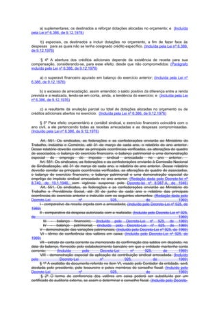 a) suplementares, os destinados a reforçar dotações alocadas no orçamento; e (Incluída
pela Lei nº 6.386, de 9.12.1976)

     b) especiais, os destinados a incluir dotações no orçamento, a fim de fazer face às
despesas para as quais não se tenha cosignado crédito específico. (Incluída pela Lei nº 6.386,
de 9.12.1976)

      § 4º A abertura dos créditos adicionais depende da existência de receita para sua
compensação, considerando-se, para esse efeito, desde que não comprometidos: (Parágrafo
incluído pela Lei nº 6.386, de 9.12.1976)

     a) o superavit financeiro apurado em balanço do exercício anterior; (Incluída pela Lei nº
6.386, de 9.12.1976)

     b) o excesso de arrecadação, assim entendido o saldo positivo da diferença entre a renda
prevista e a realizada, tendo-se em conta, ainda, a tendência do exercício; e (Incluída pela Lei
nº 6.386, de 9.12.1976)

      c) a resultante da anulação parcial ou total de dotações alocadas no orçamento ou de
créditos adicionais abertos no exercício. (Incluída pela Lei nº 6.386, de 9.12.1976)

      § 5º Para efeito orçamentário e contábil sindical, o exercício financeiro coincidirá com o
ano civil, a ele pertencendo todas as receitas arrecadadas e as despesas compromissadas.
(Incluído pela Lei nº 6.386, de 9.12.1976)

       Art. 551. Os sindicatos, as federações e as confederações enviarão ao Ministério do
Trabalho, Indústria e Comércio, até 31 de março de cada ano, o relatório do ano anterior.
Desse relatório deverão constar as principais ocorrências verificadas, as alterações do quadro
de associados, o balanço do exercício financeiro, o balanço patrimonial e uma demonstração
especial de emprego do imposto sindical arrecadado no ano anterior.
       Art. 551. Os sindicatos, as federações e as confederações enviarão à Comissão Nacional
de Sindicalização, até 31 de março de cada ano, o relatório do ano anterior. Desse relatório
deverão constar as principais ocorrências verificadas, as alterações do quadro de associados,
o balanço do exercício financeiro, o balanço patrimonial e uma demonstração especial do
emprêgo do impôsto sindical arrecadado no ano anterior. (Redação dada pelo Decreto-lei nº
8.740, de 19.1.1946, com vigência suspensa pelo Decreto-lei nº 8.987-A, de 1946)
       Art. 551. Os sindicatos, as federações e as confederações enviarão ao Ministério do
Trabalho e Previdência Social, até 30 de junho de cada ano o relatório das principais
ocorrências do exercício anterior e instruído com os seguintes elementos: (Redação dada pelo
Decreto-Lei                     nº                925,                  de                  1969)
      I - comparativo da receita orçada com a arrecadada; (Incluído pelo Decreto-Lei nº 925, de
1969)
      II - comparativo da despesa autorizada com a realizada; (Incluído pelo Decreto-Lei nº 925,
de                                                                                          1969)
         III - balanço financeiro; (Incluído pelo Decreto-Lei nº 925, de 1969)
         IV - balanço patrimonial; (Incluído pelo Decreto-Lei nº 925, de 1969)
       V - demonstração das variações patrimoniais; (Incluído pelo Decreto-Lei nº 925, de 1969)
       VI - têrmo de conferência dos valôres em caixa; (Incluído pelo Decreto-Lei nº 925, de
1969)
      VII - extrato de conta corrente ou memorando de confirmação dos saldos em depósito, na
data do balanço, fornecido pelo estabelecimento bancário em que a entidade mantenha conta
corrente;         (Incluído        pelo     Decreto-Lei      nº        925,        de       1969)
       VIII - demonstração especial da aplicação da contribuição sindical arrecadada. (Incluído
pelo                Decreto-Lei             nº            925,               de             1969)
      § 1º A exatidão do documento referido no item VI, visado pelo Contador da entidade, será
atestada pelo presidente, pelo tesoureiro e pelos membros do conselho fiscal. (Incluído pelo
Decreto-Lei                     nº                925,                  de                  1969)
       § 2º O termo de conferencia dos valôres em caixa poderá ser substituído por um
certificado de auditoria externa, se assim o determinar o conselho fiscal. (Incluído pelo Decreto-
 