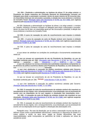 Art. 554 - Destituída a administração, na hipótese da alínea "c" do artigo anterior, o
Presidente da Seção respectiva da Comissão Nacional de Sindicalização nomeará um
Delegado para dirigir a associação e proceder, dentro do prazo máximo de 90 (noventa) dias,
em Assembléia Geral por ele convocada e presidida, à eleição dos novos diretores e membros
do Conselho Fiscal. (Redação dada pelo Decreto-lei nº 8.740, de 19.1.1946, com vigência
suspensa pelo Decreto-lei nº 8.987-A, de 1946)

     Art 554. Destituida a administração na hipótese da alínea c do artigo anterior, o ministro
do Trabalho, Indústria e Comércio nomeará um delegado para dirigir a associação e proceder,
dentro do prazo de 90 dias, em assembléia geral por ele convocada e presidida; à eleição dos
novos diretores e membros do Conselho Fiscal.

      Art 555. A pena de cassação da carta de reconhecimento será imposta à entidade
sindical:
      Art. 555 - A pena de cassação da carta de filiação sindical será imposta à entidade
sindical: (Redação dada pelo Decreto-lei nº 8.740, de 19.1.1946, com vigência suspensa pelo
Decreto-lei nº 8.987-A, de 1946

      Art 555. A pena de cassação da carta de reconhecimento será imposta à entidade
sindical:

     a) que deixar de satisfazer as condições de constituição e funcionamento estabelecidas
nesta Lei;

      b) que se recusar ao cumprimento de ato do Presidente da República, no uso da
faculdade conferida pelo art. 536; (Revogado pelo Decreto-lei nº 8.740, de 19.1.1946, com
vigência       suspensa        pelo      Decreto-lei      nº     8.987-A,        de      1946)
     c) que não obedecer às normas emanadas das autoridades corporativas competentes ou
às diretrizes da política econômica ditadas pelo Presidente da República, ou criar obstáculos à
sua                                          execução.
      c) que criar obstáculos à execução da política econômica adotada pelo Governo.
(Redação dada pelo Decreto-lei nº 8.080, 11.10.1945) (Revogado pelo Decreto-lei nº 8.740, de
19.1.1946, com vigência suspensa pelo Decreto-lei nº 8.987-A, de 1946)

     b) que se recusar ao cumprimento de ato do Presidente da República, no uso da
faculdade conferida pelo art. 536;         (Vide Decreto nº 229, de 1967)

     c) que criar obstáculos à execução da política econômica adotada pelo Governo.
(Redação dada pelo Decreto-lei nº 8.080, 11.10.1945)

     Art. 556. A cassação da carta de reconhecimento da entidade sindical não importará no
cancelamento de seu registo, nem, consequentemente, a sua dissolução, que se processará de
acordo com as disposições da lei que regulam a dissolução das associações civís.
      Art. 556 - A cassação da carta de filiação da entidade sindical não importará na sua
dissolução. (Redação dada pelo Decreto-lei nº 8.740, de 19.1.1946, com vigência suspensa
pelo Decreto-lei nº 8.987-A, de 1946)

     Art. 556. A cassação da carta de reconhecimento da entidade sindical não importará no
cancelamento de seu registo, nem, consequentemente, a sua dissolução, que se processará de
acordo com as disposições da lei que regulam a dissolução das associações civís.

     Parágrafo único - No caso de dissolução, por se achar a associação incursa nas leis que
definem crimes contra a personalidade internacional, a estrutura e a segurança do Estado e a
ordem política e social, os seus bens, pagas as dívidas decorrentes das suas
responsabilidades, serão incorporados ao patrimônio da União e aplicados em obras de
assistência social.
 