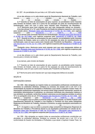 Art. 557 - As penalidades de que trata o art. 553 serão impostas:

     a) as das alíneas a e b, pelo diretor geral do Departamento Nacional do Trabalho, com
recurso            para            o           ministro          de          Estado;
            b)       as        demais,        pelo       ministro       de       Estado.
     § 1º Quando se trata de associações de grau superior, as penalidades serão impostas
pelo ministro de Estado, salvo se a pena for da cassação da carta de reconhecimento de
confederação, caso em que a pena será imposta pelo Presidente da República.
      § 2º Nenhuma pena será imposta sem que seja assegurada defesa ao acusado.
     a) as das alíneas "a" e "b", pelo Presidente da Seção da categoria respectiva, com recurso
para sessão plena; (Redação dada pelo Decreto-lei nº 8.740, de 19.1.1946, com vigência
suspensa           pelo          Decreto-lei         nº        8.987-A,         de         1946
     b) as demais pela Comissão Nacional de Sindicalização. (Redação dada pelo Decreto-lei
nº 8.740, de 19.1.1946, com vigência suspensa pelo Decreto-lei nº 8.987-A, de 1946)
     § 1º - Quando se tratar de associações de grau superior, as penalidades serão impostas
pelo Ministro de Estado, salvo se a pena for de cassação da carta de reconhecimento de
confederação, caso em que a pena será imposta pelo Presidente da República. (Revogado
pelo Decreto-lei nº 8.740, de 19.1.1946, com vigência suspensa pelo Decreto-lei nº 8.987-A, de
1946
      Parágrafo único. Nenhuma pena será imposta sem que seja assegurada defesa ao
acusado. (Redação dada pelo Decreto-lei nº 8.740, de 19.1.1946, com vigência suspensa pelo
Decreto-lei nº 8.987-A, de 1946)

     a) as das alíneas a e b, pelo diretor geral do Departamento Nacional do Trabalho, com
recurso para o ministro de Estado;

     b) as demais, pelo ministro de Estado.

     § 1º Quando se trata de associações de grau superior, as penalidades serão impostas
pelo ministro de Estado, salvo se a pena for da cassação da carta de reconhecimento de
confederação, caso em que a pena será imposta pelo Presidente da República.

     § 2º Nenhuma pena será imposta sem que seja assegurada defesa ao acusado.

SEÇÃO IX

DISPOSIÇÕES GERAIS

      Art. 558 - São obrigadas ao registro todas as associações profissionais constituídas por
atividades ou profissões idênticas, similares ou conexas, de acordo com o art. 511 e na
conformidade do Quadro de Atividades e Profissões a que alude o Capítulo II deste Título. As
associações profissionais registradas nos termos deste artigo poderão representar, perante as
autoridades administrativas e judiciárias, os interesses individuais dos associados relativos à
sua atividade ou profissão, sendo-lhes também extensivas as prerrogativas contidas na alínea
"d" e no parágrafo único do art. 513.(Revogado pelo Decreto-lei nº 8.740, de 19.1.1946, com
vigência        suspensa       pelo       Decreto-lei      nº       8.987-A,       de      1946)
      § 1º O registo a que se refere o presente artigo será processado, no Distrito Federal, pelo
Departamento Nacional do Trabalho e nos Estados e Território do Acre pelas Delegacias
Regionais do Ministério do Trabalho, Indústria e Comércio, ou pelas repartições autorizadas em
virtude                             da                            lei.
      § 1º - O registro a que se refere o presente artigo competirá às Delegacias Regionais do
Ministério do Trabalho e Previdência Social ou às repartições autorizadas em virtude da lei.
(Redação dada pelo Decreto-lei nº 925, de 10.10.1969)            (Revogado pelo Decreto-lei nº
8.740, de 19.1.1946, com vigência suspensa pelo Decreto-lei nº 8.987-A, de 1946)

      Art. 558 - São obrigadas ao registro todas as associações profissionais constituídas por
atividades ou profissões idênticas, similares ou conexas, de acordo com o art. 511 e na
conformidade do Quadro de Atividades e Profissões a que alude o Capítulo II deste Título. As
 