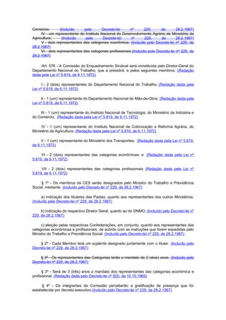 Comércio;        (Incluído    pelo      Decreto-lei       nº       229,     de        28.2.1967)
     IV - um representante do Instituto Nacional do Desenvolvimento Agrário de Ministério da
Agricultura;      (Incluído    pelo      Decreto-lei      nº       229,     de        28.2.1967)
     V - dois representantes das categorias econômica; (Incluído pelo Decreto-lei nº 229, de
28.2.1967)
     VI - dois representantes das categorias profissionais.(Incluído pelo Decreto-lei nº 229, de
28.2.1967)

     Art. 576 - A Comissão do Enquadramento Sindical será constituída pelo Diretor-Geral do
Departamento Nacional do Trabalho, que a presidirá, e pelos seguintes membros: (Redação
dada pela Lei nº 5.819, de 6.11.1972)

      I - 2 (dois) representantes do Departamento Nacional do Trabalho; (Redação dada pela
Lei nº 5.819, de 6.11.1972)

     II - 1 (um) representante do Departamento Nacional de Mão-de-Obra; (Redação dada pela
Lei nº 5.819, de 6.11.1972)

    III - 1 (um) representante do Instituto Nacional de Tecnologia, do Ministério da Indústria e
do Comércio; (Redação dada pela Lei nº 5.819, de 6.11.1972)

     IV - 1 (um) representante do Instituto Nacional de Colonização e Reforma Agrária, do
Ministério da Agricultura; (Redação dada pela Lei nº 5.819, de 6.11.1972)

     V - 1 (um) representante do Ministério dos Transportes; (Redação dada pela Lei nº 5.819,
de 6.11.1972)

     VI - 2 (dois) representantes das categorias econômicas; e (Redação dada pela Lei nº
5.819, de 6.11.1972)

     VII - 2 (dois) representantes das categorias profissionais. (Redação dada pela Lei nº
5.819, de 6.11.1972)

     § 1º - Os membros da CES serão designados pelo Ministro do Trabalho e Previdência
Social, mediante. (Incluído pelo Decreto-lei nº 229, de 28.2.1967)

      a) indicação dos titulares das Pastas, quanto aos representantes dos outros Ministérios;
(Incluído pelo Decreto-lei nº 229, de 28.2.1967)

     b) indicação do respectivo Diretor Geral, quanto ao do DNMO; (Incluído pelo Decreto-lei nº
229, de 28.2.1967)

     c) eleição pelas respectivas Confederações, em conjunto, quanto aos representantes das
categorias econômicas e profissionais, de acôrdo com as instruções que forem expedidas pelo
Ministro do Trabalho e Previdência Social. (Incluído pelo Decreto-lei nº 229, de 28.2.1967)

    § 2º - Cada Membro terá um suplente designado juntamente com o titular. (Incluído pelo
Decreto-lei nº 229, de 28.2.1967)

    § 3º - Os representantes das Categorias terão o mandato de 2 (dois) anos. (Incluído pelo
Decreto-lei nº 229, de 28.2.1967)

      § 3º - Será de 3 (três) anos o mandato dos representantes das categorias econômica e
profissional. (Redação dada pelo Decreto-lei nº 925, de 10.10.1969)

     § 4º - Os integrantes da Comissão perceberão a gratificação de presença que for
estabelecida por decreto executivo.(Incluído pelo Decreto-lei nº 229, de 28.2.1967)
 