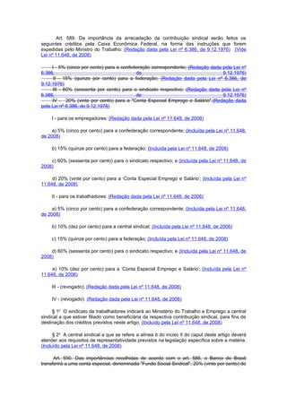 Art. 589. Da importância da arrecadação da contribuição sindical serão feitos os
seguintes créditos pela Caixa Econômica Federal, na forma das instruções que forem
expedidas pelo Ministro do Trabalho: (Redação dada pela Lei nº 6.386, de 9.12.1976) (Vide
Lei nº 11.648, de 2008)

     I - 5% (cinco por cento) para a confederação correspondente; (Redação dada pela Lei nº
6.386,                                     de                                   9.12.1976)
      II - 15% (quinze por cento) para a federação; (Redação dada pela Lei nº 6.386, de
9.12.1976)
     III - 60% (sessenta por cento) para o sindicato respectivo; (Redação dada pela Lei nº
6.386,                                     de                                   9.12.1976)
     IV - 20% (vinte por cento) para a "Conta Especial Emprego e Salário".(Redação dada
pela Lei nº 6.386, de 9.12.1976)

     I - para os empregadores: (Redação dada pela Lei nº 11.648, de 2008)

     a) 5% (cinco por cento) para a confederação correspondente; (Incluída pela Lei nº 11.648,
de 2008)

     b) 15% (quinze por cento) para a federação; (Incluída pela Lei nº 11.648, de 2008)

    c) 60% (sessenta por cento) para o sindicato respectivo; e (Incluída pela Lei nº 11.648, de
2008)

     d) 20% (vinte por cento) para a ‘Conta Especial Emprego e Salário’; (Incluída pela Lei nº
11.648, de 2008)

     II - para os trabalhadores: (Redação dada pela Lei nº 11.648, de 2008)

     a) 5% (cinco por cento) para a confederação correspondente; (Incluída pela Lei nº 11.648,
de 2008)

     b) 10% (dez por cento) para a central sindical; (Incluída pela Lei nº 11.648, de 2008)

     c) 15% (quinze por cento) para a federação; (Incluída pela Lei nº 11.648, de 2008)

    d) 60% (sessenta por cento) para o sindicato respectivo; e (Incluída pela Lei nº 11.648, de
2008)

     e) 10% (dez por cento) para a ‘Conta Especial Emprego e Salário’; (Incluída pela Lei nº
11.648, de 2008)

     III - (revogado); (Redação dada pela Lei nº 11.648, de 2008)

     IV - (revogado). (Redação dada pela Lei nº 11.648, de 2008)

     § 1o O sindicato de trabalhadores indicará ao Ministério do Trabalho e Emprego a central
sindical a que estiver filiado como beneficiária da respectiva contribuição sindical, para fins de
destinação dos créditos previstos neste artigo. (Incluído pela Lei nº 11.648, de 2008)

      § 2o A central sindical a que se refere a alínea b do inciso II do caput deste artigo deverá
atender aos requisitos de representatividade previstos na legislação específica sobre a matéria.
(Incluído pela Lei nº 11.648, de 2008)

      Art. 590. Das importâncias recolhidas de acordo com o art. 586, o Banco do Brasil
transferirá a uma conta especial, denominada "Fundo Social Sindical", 20% (vinte por cento) do
 