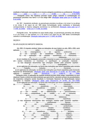 creditado à federação correspondente à mesma categoria econômica ou profissional. (Redação
dada           pela          Lei          nº          6.386,       de           9.12.1976)
       Parágrafo único. Na hipótese prevista neste artigo, caberão à confederação os
percentuais previstos nos itens I e II do artigo 589. (Redação dada pela Lei nº 6.386, de
9.12.1976)

     Art. 591. Inexistindo sindicato, os percentuais previstos na alínea c do inciso I e na alínea
d do inciso II do caput do art. 589 desta Consolidação serão creditados à federação
correspondente à mesma categoria econômica ou profissional. (Redação dada pela Lei nº
11.648, de 2008) (Vide Lei nº 11.648, de 2008)

     Parágrafo único. Na hipótese do caput deste artigo, os percentuais previstos nas alíneas
a e b do inciso I e nas alíneas a e c do inciso II do caput do art. 589 desta Consolidação
caberão à confederação. (Redação dada pela Lei nº 11.648, de 2008)

SEÇÃO II

DA APLICAÇÃO DO IMPOSTO SINDICAL

      Art. 592. O imposto sindical, feitas as deduções de que tratam os arts. 589 e 590, será
aplicado                              pelos                            sindicatos:
           I.       De         empregadores         e        de       agentes         autônomos            :
           a)        em        serviços      de       assistência        técnica        e        judiciária;
          b)       na      realização       de      estudos        econômicos          e       financeiros;
                            c)                     em                        bibliotecas;
      d) em medidas de divulgação comercial e industrial no país e no estrangeiro, bem como
em outras tendentes a incentivar e aperfeiçoar a produção nacional;
       e) nas despesas decorrentes dos encargos criados pelo presente capítulo.
                           II.                    De                       empregados:
      a) em agências de colocação, na forma das instruções que forem expedidas pelo ministro
do                Trabalho,                 Indústria                e               Comércio;
   a) em agências de colocação, na forma das instruções que forem expedidas pela Comissão
Nacional de Sindicalização; (Redação dada pelo Decreto-lei nº 8.740, de 19.1.1946, com
vigência        suspensa             pelo       Decreto-lei         nº        8.987-A,           de         1946)
     Parágrafo único. A aplicação do impôsto sindical prevista nêste artigo, respeitados os seus
objetivos, ficará a critério de cada sindicato que para tal fim, atenderá sempre às peculiaridades
da respectiva categoria sendo facultado à Comissão Nacional de Sindicalização baixar
instruções a respeito. (Redação dada pelo Decreto-lei nº 8.740, de 19.1.1946)
      a) em agências de colocação, na forma das instruções que forem expedidas pelo ministro
do                Trabalho,                 Indústria                e               Comércio;
                 b)              na           assistência              à             maternidade;
              c)           em            assistência           médica            e            dentária;
                      d)               em                 assistência                 judiciária;
           e)          em        escolas       de        alfabetização         e        prevocacionais;
           f)        em         cooperativas       de         crédito       e       de          consumo;
                       g)em                 colônias                 de                   férias;
                            h)                     em                        bibliotecas;
                      i)              em                finalidades                 esportivas;
       j) nas despesas decorrentes dos encargos criados pelo presente capítulo.
                      III.              De                profissionais                 liberais:
                    a)               em              bibliotecas                especializadas;
                b)              em            congressos               e             conferências;
                       c)               em                 estudos                  científicos;
                      d)               em                 assistência                 judiciária;
              e)           em            assistência           médica            e            dentária;
                  f)              em              auxílios               de                viagem;
                g)              em             cooperativas               de              consumo;
                    h)              em             bolsas                de                estudo;
                 i)             em            prêmios               anuais              científicos;
 