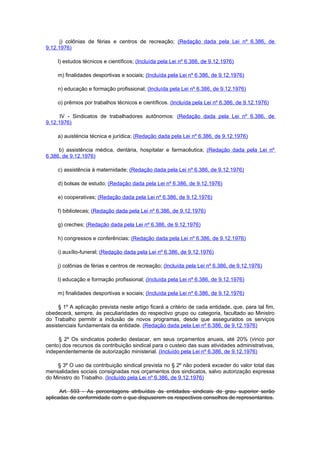 j) colônias de férias e centros de recreação; (Redação dada pela Lei nº 6.386, de
9.12.1976)

     l) estudos técnicos e científicos; (Incluída pela Lei nº 6.386, de 9.12.1976)

     m) finalidades desportivas e sociais; (Incluída pela Lei nº 6.386, de 9.12.1976)

     n) educação e formação profissional; (Incluída pela Lei nº 6.386, de 9.12.1976)

     o) prêmios por trabalhos técnicos e científicos. (Incluída pela Lei nº 6.386, de 9.12.1976)

      IV - Sindicatos de trabalhadores autônomos: (Redação dada pela Lei nº 6.386, de
9.12.1976)

     a) auisténcia técnica e jurídica; (Redação dada pela Lei nº 6.386, de 9.12.1976)

     b) assistência médica, dentária, hospitalar e farmacêutica; (Redação dada pela Lei nº
6.386, de 9.12.1976)

     c) assistência à maternidade; (Redação dada pela Lei nº 6.386, de 9.12.1976)

     d) bolsas de estudo; (Redação dada pela Lei nº 6.386, de 9.12.1976)

     e) cooperativas; (Redação dada pela Lei nº 6.386, de 9.12.1976)

     f) bibliotecas; (Redação dada pela Lei nº 6.386, de 9.12.1976)

     g) creches; (Redação dada pela Lei nº 6.386, de 9.12.1976)

     h) congressos e conferências; (Redação dada pela Lei nº 6.386, de 9.12.1976)

     i) auxílio-funeral; (Redação dada pela Lei nº 6.386, de 9.12.1976)

     j) colônias de férias e centros de recreação; (Incluída pela Lei nº 6.386, de 9.12.1976)

     l) educação e formação profissional; (Incluída pela Lei nº 6.386, de 9.12.1976)

     m) finalidades desportivas e sociais; (Incluída pela Lei nº 6.386, de 9.12.1976)

     § 1º A aplicação prevista neste artigo ficará a critério de cada entidade, que, para tal fim,
obedecerá, sempre, às peculiaridades do respectivo grupo ou categoria, facultado ao Ministro
do Trabalho permitir a inclusão de novos programas, desde que assegurados os serviços
assistenciais fundamentais da entidade. (Redação dada pela Lei nº 6.386, de 9.12.1976)

     § 2º Os sindicatos poderão destacar, em seus orçamentos anuais, até 20% (vinco por
cento) dos recursos da contribuição sindical para o custeio das suas atividades administrativas,
independentemente de autorização ministerial. (Incluído pela Lei nº 6.386, de 9.12.1976)

    § 3º O uso da contribuição sindical prevista no § 2º não poderá exceder do valor total das
mensalidades sociais consignadas nos orçamentos dos sindicatos, salvo autorização expressa
do Ministro do Trabalho. (Incluído pela Lei nº 6.386, de 9.12.1976)

      Art. 593 - As percentagens atribuídas às entidades sindicais de grau superior serão
aplicadas de conformidade com o que dispuserem os respectivos conselhos de representantes.
 