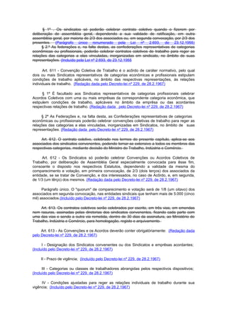 § 1º . Os sindicatos só poderão celebrar contrato coletivo quando o fizerem por
deliberação de assembléia geral, dependendo a sua validade de ratificação, em outra
assembléia geral, por maioria de 2/3 dos associados ou, em segunda convocação, por 2/3 dos
presentes. (Parágrafo único renumerado pela Lei nº 2.693, de 23.12.1955)
     § 2.º As federações e, na falta destas, as confederações representativas de categorias
econômicas ou profissionais, poderão celebrar contratos coletivos de trabalho para reger as
relações das categorias a elas vinculadas, inorganizadas em sindicato, no âmbito de suas
representações. (Incluído pela Lei nº 2.693, de 23.12.1955

      Art. 611 - Convenção Coletiva de Trabalho é o acôrdo de caráter normativo, pelo qual
dois ou mais Sindicatos representativos de categorias econômicas e profissionais estipulam
condições de trabalho aplicáveis, no âmbito das respectivas representações, às relações
individuais de trabalho. (Redação dada pelo Decreto-lei nº 229, de 28.2.1967)

      § 1º É facultado aos Sindicatos representativos de categorias profissionais celebrar
Acordos Coletivos com uma ou mais emprêsas da correspondente categoria econômica, que
estipulem condições de trabalho, aplicáveis no âmbito da emprêsa ou das acordantes
respectivas relações de trabalho. (Redação dada pelo Decreto-lei nº 229, de 28.2.1967)

     § 2º As Federações e, na falta desta, as Confederações representativas de categorias
econômicas ou profissionais poderão celebrar convenções coletivas de trabalho para reger as
relações das categorias a elas vinculadas, inorganizadas em Sindicatos, no âmbito de suas
representações. (Redação dada pelo Decreto-lei nº 229, de 28.2.1967)

     Art. 612. O contrato coletivo, celebrado nos termos do presente capítulo, aplica-se aos
associados dos sindicatos convenentes, podendo tornar-se extensivo a todos os membros das
respectivas categorias, mediante decisão do Ministro do Trabalho, Indústria e Comércio.

      Art. 612 - Os Sindicatos só poderão celebrar Convenções ou Acordos Coletivos de
Trabalho, por deliberação de Assembléia Geral especialmente convocada para êsse fim,
consoante o disposto nos respectivos Estatutos, dependendo a validade da mesma do
comparecimento e votação, em primeira convocação, de 2/3 (dois terços) dos associados da
entidade, se se tratar de Convenção, e dos interessados, no caso de Acôrdo, e, em segunda,
de 1/3 (um têrço) dos mesmos. (Redação dada pelo Decreto-lei nº 229, de 28.2.1967)

      Parágrafo único. O "quorum" de comparecimento e votação será de 1/8 (um oitavo) dos
associados em segunda convocação, nas entidades sindicais que tenham mais de 5.000 (cinco
mil) associados.(Incluído pelo Decreto-lei nº 229, de 28.2.1967)

    Art. 613. Os contratos coletivos serão celebrados por escrito, em três vias, em emendas
nem rasuras, assinadas pelas diretorias dos sindicatos convenentes, ficando cada parte com
uma das vias e sendo a outra via remetida, dentro de 30 dias da assinatura, ao Ministério do
Trabalho, Indústria e Comércio, para homologação, registo e arquivamento.

     Art. 613 - As Convenções e os Acordos deverão conter obrigatòriamente: (Redação dada
pelo Decreto-lei nº 229, de 28.2.1967)

      I - Designação dos Sindicatos convenentes ou dos Sindicatos e emprêsas acordantes;
(Incluído pelo Decreto-lei nº 229, de 28.2.1967)

    II - Prazo de vigência; (Incluído pelo Decreto-lei nº 229, de 28.2.1967)

      III - Categorias ou classes de trabalhadores abrangidas pelos respectivos dispositivos;
(Incluído pelo Decreto-lei nº 229, de 28.2.1967)

     IV - Condições ajustadas para reger as relações individuais de trabalho durante sua
vigência; (Incluído pelo Decreto-lei nº 229, de 28.2.1967)
 