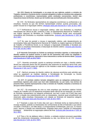Art. 616. Depois de homologado, e no prazo de sua vigência, poderá, o ministro do
Trabalho, Indústria e Comércio tornar o contrato obrigatório a todos os membros das categorias
profissionais e econômicas, representadas pelos sindicatos convenentes, dentro das
respectivas bases territoriais, desde que tal medida seja aconselhada peIo interesse público.

    Art. 616 - Os Sindicatos representativos de categorias econômicas ou profissionais e as
emprêsas, inclusive as que não tenham representação sindical, quando provocados, não
podem recusar-se à negociação coletiva. (Redação dada pelo Decreto-lei nº 229, de 28.2.1967)

      § 1º Verificando-se recusa à negociação coletiva, cabe aos Sindicatos ou emprêsas
interessadas dar ciência do fato, conforme o caso, ao Departamento Nacional do Trabalho ou
aos órgãos regionais do Ministério do Trabalho e Previdência Social, para convocação
compulsória dos Sindicatos ou emprêsas recalcitrantes. (Incluído pelo Decreto-lei nº 229, de
28.2.1967)

       § 2º No caso de persistir a recusa à negociação coletiva, pelo desatendimento às
convocações feitas pelo Departamento Nacional do Trabalho ou órgãos regionais do Ministério
de Trabalho e Previdência Social, ou se malograr a negociação entabolada, é facultada aos
Sindicatos ou emprêsas interessadas a instauração de dissídio coletivo. (Incluído pelo Decreto-
lei nº 229, de 28.2.1967)

      § 3º Havendo Convenção ou Acôrdo ou sentença normativa vigentes, a instauração do
dissídio coletivo só poderá ocorrer a partir de 60 (sessenta) dias antes de esgotado o
respectivo prazo de vigência, vigorando o nôvo instrumento a contar do término dêste. (Incluído
pelo Decreto-lei nº 229, de 28.2.1967)

     § 3º - Havendo convenção, acordo ou sentença normativa em vigor, o dissídio coletivo
deverá ser instaurado dentro dos 60 (sessenta) dias anteriores ao respectivo termo final, para
que o novo instrumento possa ter vigência no dia imediato a esse termo. (Redação dada pelo
Decreto-lei nº 424, de 21.1.1969)

     § 4º - Nenhum processo de dissídio coletivo de natureza econômica será admitido sem
antes se esgotarem as medidas relativas à formalização da Convenção ou Acordo
correspondente. (Incluído pelo Decreto-lei nº 229, de 28.2.1967)

      Art. 617. O contrato coletivo tornado obrigatório para as categorias profissionais e
econômicas vigorará pelo prazo que tiver sido estabelecido, ou por outro, nos termos do
presente título, quando expressamente o fixar o ministro do Trabalho, Indústria e Comércio no
ato que o tornar extensivo.

     Art. 617 - Os empregados de uma ou mais emprêsas que decidirem celebrar Acôrdo
Coletivo de Trabalho com as respectivas emprêsas darão ciência de sua resolução, por escrito,
ao Sindicato representativo da categoria profissional, que terá o prazo de 8 (oito) dias para
assumir a direção dos entendimentos entre os interessados, devendo igual procedimento ser
observado pelas emprêsas interessadas com relação ao Sindicato da respectiva categoria
econômica. (Redação dada pelo Decreto-lei nº 229, de 28.2.1967)

     § 1º Expirado o prazo de 8 (oito) dias sem que o Sindicato tenha se desincumbido do
encargo recebido, poderão os interessados dar conhecimento do fato à Federarão a que estiver
vinculado o Sindicato e, em falta dessa, à correspondente Confederação, para que, no mesmo
prazo, assuma a direção dos entendimentos. Esgotado êsse prazo, poderão os interessados
prosseguir    diretamente na negociação coletiva até final. (Incluído pelo Decreto-lei nº 229, de
28.2.1967)

     § 2º Para o fim de deliberar sôbre o Acôrdo, a entidade sindical convocará assembléia
geral dos diretamente interessados, sindicalizados ou não, nos têrmos do art. 612. (Incluído
pelo Decreto-lei nº 229, de 28.2.1967)
 