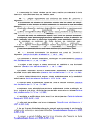 i) o desempenho dos demais trabalhos que lhe forem cometidos pelo Presidente da Junta,
para melhor execução dos serviços que lhe estão afetos.

        Art. 712. Compete especialmente aos secretários das Juntas de Conciliação e
Julgamento:
      a) superintender os trabalhos da Secretaria, velando pela boa ordem do serviço;
      b) cumprir e fazer cumprir as ordens emanadas do presidente e das autoridades
superiores;
     c) submeter a despacho e assinatura do presidente o expediente e os papéis que devam
ser           por            ele          despachados            e         assinados;
     d) abrir a correspondência oficial dirigida à Junta e ao seu presidente, a cuja deliberação
será                                           submetida;
       e) tomar por termo as reclamações verbais, nos casos de dissídios individuais;
     f) promover o rápido andamento dos processos, especialmente na fase de execução, e a
pronta realização dos atos e diligências deprecadas pelas autoridades superiores;
        g) secretariar as audiências da Junta, lavrando as respectivas atas;
          h)      subscrever      as     certidões     e     os     termos     processuais;
     i) dar aos litigantes ciência das reclamações e demais atos processuais de que devam ter
conhecimento,            assinando           as         respectivas        notificações;
     j) executar os demais trabalhos que lhe forem atribuidos pelo presidente da Junta.

     Art. 712 - Compete especialmente aos secretários das Juntas de Conciliação e
Julgamento: (Redação dada pelo Decreto-lei nº 8.737, de 19.1.1946)

    a) superintender os trabalhos da secretaria, velando pela boa ordem do serviço; (Redação
dada pelo Decreto-lei nº 8.737, de 19.1.1946)

     b) cumprir e fazer cumprir as ordens emanadas do Presidente e das autoridades
superiores; (Redação dada pelo Decreto-lei nº 8.737, de 19.1.1946)

     c) submeter a despacho e assinatura do Presidente o expediente e os papéis que devam
ser por ele despachados e assinados; (Redação dada pelo Decreto-lei nº 8.737, de 19.1.1946)

     d) abrir a correspondência oficial dirigida à Junta e ao seu Presidente, a cuja deliberação
será submetida; (Redação dada pelo Decreto-lei nº 8.737, de 19.1.1946)

    e) tomar por termo as reclamações verbais nos casos de dissídios individuais; (Redação
dada pelo Decreto-lei nº 8.737, de 19.1.1946)

     f) promover o rápido andamento dos processos, especialmente na fase de execução, e a
pronta realização dos atos e diligências deprecadas pelas autoridades superiores;(Redação
dada pelo Decreto-lei nº 8.737, de 19.1.1946)

    g) secretariar as audiências da Junta, lavrando as respectivas atas; (Redação dada pelo
Decreto-lei nº 8.737, de 19.1.1946)

     h) subscrever as certidões e os termos processuais; (Redação dada pelo Decreto-lei nº
8.737, de 19.1.1946)

     i) dar aos litigantes ciência das reclamações e demais atos processuais de que devam ter
conhecimento, assinando as respectivas notificações; (Redação dada pelo Decreto-lei nº 8.737,
de 19.1.1946)

     j) executar os demais trabalhos que lhe forem atribuídos pelo Presidente da Junta.
(Redação dada pelo Decreto-lei nº 8.737, de 19.1.1946)
 