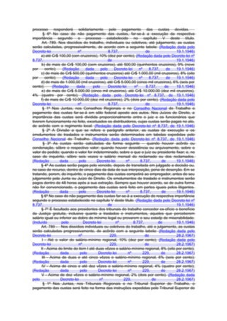 processo responderá solidariamente pelo pagamento das custas devidas.
        § 6º No caso do não pagamento das custas, far-se-á a execução da respectiva
importância segundo o processo estabelecido no capítulo V deste título.
       Art. 789. Nos discídios do trabalho, individuais ou coletivos, até julgamento, as custas
serão calculadas, progressivalmente, de acordo com a seguinte tabela: (Redação dada pelo
Decreto-lei                  nº                  8.737,                 de              19.1.1946)
      a) até Cr$ 100,00 (cen cruzeiros), 10% (dez por cento); (Redação dada pelo Decreto-lei nº
8.737,                                           de                                     19.1.1946)
      b) de mais de Cr$ 100,00 (cem cruzeiros), até 500,00 (quinhentos cruzeiros), 9% (nove
por       cento);   (Redação      dada      pelo    Decreto-lei     nº     8.737,    de 19.1.1946)
      c) de mais de Cr$ 500,00 (quinhentos cruzeiros) até Cr$ 1.000,00 (mil cruzeiros), 8% (oito
por       cento);   (Redação      dada      pelo    Decreto-lei     nº     8.737,    de 19.1.1946)
      d) de mais de 1.000,00 (mil cruzeiros), até Cr$ 5.000,00 (cinco mil cruzeiros), 6% (seis por
cento);       (Redação      dada       pelo      Decreto-lei     nº      8.737,     de  19.1.1946)
      e) de mais de Cr$ 5.000,00 (cinco mil cruzeiros), até Cr$ 10.000,00 (dez mil cruzeiros),
4% (quatro por cento); (Redação dada pelo Decreto-lei nº 8.737, de 19.1.1946)
      f) de mais de Cr$ 10.000,00 (dez mil cruzeiros), 2% (dois por cento). (Redação dada pelo
Decreto-lei                  nº                  8.737,                 de              19.1.1946)
        § 1º Nas Juntas, nos Conselhos Regionais e no Conselho Nacional do Trabalho o
pagamento das custas far-se-á em sêlo federal aposto aos autos. Nos Juízos de Direito, a
importância das custas será dividida proporcionalmente entre o juiz e os funcionários que
tiverem funcionamento no feito, excetuados os distribuidores, cujas custas serão pagas no ato,
de acôrdo com o regimento local. (Redação dada pelo Decreto-lei nº 8.737, de 19.1.1946)
        § 2º A Divisão a que se refere o parágrafo anterior, as custas da execução e os
emolumentos de traslados e instrumentos serão determinados em tabelas expedidas pelo
Conselho Nacional do Trabalho. (Redação dada pelo Decreto-lei nº 8.737, de 19.1.1946)
        § 3º As custas serão calculadas da forma seguinte – quando houver acôrdo ou
condenação, sôbre o respectivo valor: quando houver desistência ou arquivamento, sobre o
valor do pedido; quando o valor for indeterminado, sobre o que o juíz ou presidente fixar; e, no
caso de inquérito, sôbre seis vezes o salário mensal do reclamado ou dos reclamados.
(Redação          dada        pelo        Decreto-lei      nº        8.737,       de    19.1.1946)
      § 4º As custas serão pagas pelo vencido, depois de transitada em julggado a decisão ou,
no caso de recurso, dentro de cinco dias da data de sua interposição, pena de deserção. Em se
tratando, porem, do inquérito, o pagamento das custas competirá ao empregador, antes do seu
julgamento pela Junta ou Juízo de Direito. Os emolumentos de traslado e instrumentos serão
pagos dentro de 48 horas após a sua extração. Sempre que houver acordo, se de outra forma
não for convencionado, o pagamento das custas será feito em partes iguais pelos litigantes.
(Redação          dada        pelo        Decreto-lei      nº        8.737,       de    19.1.1946)
      § 6º No caso do não pagamento das custas far-se-à a execução do respectiva importância
segundo o processo estabelecido no capítulo V deste titulo. (Redação dada pelo Decreto-lei nº
8.737,                                           de                                     19.1.1946)
      § 7º É facultado aos presidentes dos tribunais do trabalho conceder ex-ofício o benefício
da Justiça gratuita, inclusive quanto a traslados e instrumentos, aqueles que perceberem
salário igual ou inferior ao dobro do mínimo legal ou provarem o seu estadp de miserabilidade.
(Incluído          pelo          Decreto-lei          nº        8.737,          de      19.1.1946)
      Art. 789 - Nos dissídios individuais ou coletivos do trabalho, até o julgamento, as custas
serão calculadas progressivamente, de acôrdo com a seguinte tabela: (Redação dada pelo
Decreto-lei                   nº                  229,                  de              28.2.1967)
       I - Até o vaIor do salário-mínimo regional, 10% (dez por cento); (Redação dada pelo
Decreto-lei                   nº                  229,                  de              28.2.1967)
      II - Acima do limite do item I até duas vêzes o salário-mínimo regional, 8% (oito por cento);
(Redação          dada         pelo        Decreto-lei       nº        229,       de    28.2.1967)
       III - Acima de duas e até cinco vêzes o salário-mínimo regional, 6% (seis por cento);
(Redação          dada         pelo        Decreto-lei       nº        229,       de    28.2.1967)
       IV - Acima de cinco e até dez vêzes o salário-mínimo regional, 4% (quatro por cento);
(Redação          dada         pelo        Decreto-lei       nº        229,       de    28.2.1967)
      V - Acima de dez vêzes o salário-mínimo regional, 2% (dois por cento). (Redação dada
pelo              Decreto-lei              nº             229,               de         28.2.1967)
        § 1º Nas Juntas, nos Tribunais Regionais e no Tribunal Superior do Trabalho, o
pagamento das custas será feito na forma das instruções expedidas pelo Tribunal Superior do
 