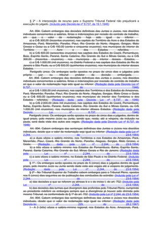 § 2º - A interposição de recurso para o Supremo Tribunal Federal não prejudicará a
execução do julgado. (Incluído pelo Decreto-lei nº 8.737, de 19.1.1946)

      Art. 894. Cabem embargos das decisões definitivas das Juntas e Juizos, nos dissídios
individuais concernentes a salários, férias e indenizações por recisão do contrato da trabalho,
em      que      o    valor    da      reclamação        haja      sido     igual     ou      inferior:
      a) a Cr$ 300,00 (trezentos cruzeiros), nas capitais do Território do Acre e dos Estados do
Amazonas, Pará, Maranhão, Paraiba, Piauí, Rio Grande do Norte, Alagoas, Sergipe, Mato
Grosso e Goiaz ou a Cr$ 150,00 (cento e cinquenta cruzeiros), nos municípios do interior do
Território         do        Acre           e          dos           Estados           referidos;
      b) a Cr$ 600,00 (seiscentos cruzeiros) nas capitais dos Estados do Ceará, Pernambuco,
Baía, Espírito Santo, Paraná, Santa Catarina, Rio Grande do Sul e Minas Gerais, ou a Cr$
300,00 (trezentos cruzeiros), nos municípios do interior desses Estados;
      c) a Cr$ 1.000,00 (mil cruzeiros), no Distrito Federal e nas capitais dos Estados do Rio de
Janeiro e São Paulo, ou a Cr$ 500,00 (quinhentos cruzeiros), nos municípios do interior desses
Estados.
      Parágrafo único. Os embargos serão opostos no prazo de cinco dias e julgados pelo
próprio       juiz      ou     tribunal       prolator        da        decisão       embargada.
     Art. 894. Cabem embargos das decisões definitivas das Juntas e Juízos, nos dissídios
individuais concernentes a salários, férias e indenizações por rescisão do contráto de trabalho
en que o valor da reclamação haja sido igual ou inferior: (Redação dada pela Decreto Lei nº
8.737,                                              de                                               1946)
      a) a Cr$ 1.000,00 (mil cruzeiros), nas capitais dos Territórios e dos Estados do Amazonas,
Pará, Maranhão, Paraíba, Piauí, Rio Grande do Norte, Alagôas, Sergipe, Mato Grsso e Goiás
ou a Cr$ 500,00 (quinhentos cruzeiros), nos municípios do interior dos Territórios e dos
Estados referidos; (Redação dada pela Decreto Lei nº 8.737, de 1946)
      b) a Cr$ 2.000,00 (dois mil cruzeiros), nas capitais dos Estados do Ceará, Pernambuco,
Bahia, Espírito Santo, Paraná, Santa Catarina, Rio Grande do Sul e Minas Gerais, ou Cr$
1.000,00 (mil cruzeiros), nos municípios do interior dêsses Estados. (Redação dada pela
Decreto                 Lei              nº                 8.737,                de                 1946)
      Parágrafo único. Os embargos serão opostos no prazo de cinco dias e julgados, dentro de
igual prazo, pelo mesmo Juízo ou Junta, sendo que, nesta, até a véspera, da inclusão na
pauta, será dada vista dos autos aos vogais. (Redação dada pela Decreto Lei nº 8.737, de
1946)
      Art. 894. Cabem embargos das sentenças definitivas das Juntas e Juízos nos dissídios
individuais, desde que o valor da reclamação seja igual ou inferior: (Redação dada pela Lei nº
2.244,                                           de                                            23.6.1954)
      a) a duas vêzes o salário mínimo, nos Territórios e nos Estados do Amazonas, Pará,
Maranhão, Piauí, Ceará, Rio Grande do Norte, Paraíba, Alagoas, Sergipe, Mato Grosso, e
Goiás;       (Redação        dada        pela        Lei       nº       2.244,       de        23.6.1954)
      b) a três vêzes o salário mínimo nos Estados de Pernambuco, Bahia, Espírito Santo,
Paraná, Santa Catarina, Rio Grande do Sul, Minas Gerais e Rio de Janeiro; (Redação dada
pela               Lei              nº                 2.244,                de                23.6.1954)
      c) a seis vêzes o salário mínimo, no Estado de São Paulo e no Distrito Federal. (Incluído
pela               Lei              nº                 2.244,                de                23.6.1954)
      § 1º - Os embargos serão opostos no prazo de 5 (cinco) dias e julgados dentro de igual
prazo, pelo mesmo Juízo ou Junta sendo dada vista aos vogais até a véspera do julgamento.
(Redação           dada        pela          Lei         nº         2.244,         de          23.6.1954)
      § 2º - No Tribunal Superior do Trabalho cabem embargos para o Tribunal Pleno, opostos
nos 5 (cinco) dias seguintes ao da publicação das conclusões do acórdão: (Incluído pela Lei nº
2.244,                                           de                                            23.6.1954)
      a) das decisões a que se referem as alíneas b e c do inciso I, do art. 702; (Incluído pela
Lei                    nº                   2.244,                      de                     23.6.1954)
      b) das decisões das turmas que divergirem das proferidas pelo Tribunal Pleno, cumprindo
ao presidente indeferir os embargos sempre que a divergência já houver sido dirimida pelo
mesmo Tribunal, na conformidade do § 1º do art. 702. (Incluído pela Lei nº 2.244, de 23.6.1954)
      Art. 894. Cabem embargos das sentenças definitivas das Juntas e Juízes nos dissídios
individuais, desde que o valor da reclamação seja igual ou inferior: (Redação dada pelo
Decreto-lei                 nº                    229,                   de                    28.2.1967)
      I - A 3 (três) vêzes o salário-mínimo regional, nos Estados do Acre, Amazonas, Pará,
 