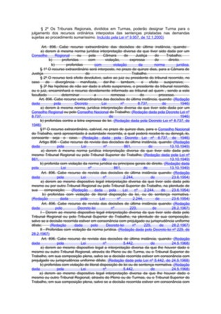 § 2º Os Tribunais Regionais, divididos em Turmas, poderão designar Turma para o
julgamento dos recursos ordinários interpostos das sentenças prolatadas nas demandas
sujeitas ao procedimento sumaríssimo. Incluído pela Lei nº 9.957, de 12.1.2000)

       Art. 896. Cabe recurso extraordinário das decisões de última instância, quando:
      a) derem à mesma norma jurídica interpretação diversa da que tiver sido dada por um
Conselho          Regional      ou     pela    Câmara           de     Justiça      do      Trabalho;
             b)       proferidas       com       violação,         expressa         de       direito.
               b)        proferidas       com          violação          da        norma           jurídica.
      § 1º O recurso extraordinário será interposto, no prazo de quinze dias, para a Câmara de
Justiça                              do                              Trabalho.
      § 2º O recurso terá efeito devolutivo, salvo ao juiz ou presidente do tribunal recorrido, no
caso       de     divergência     manifesta,   dar-lhe       tambem,       o    efeito    suspensivo;
      § 3º Na hipótese de não ser dado o efeito suspensivo, o presidente do tribunal recorrido,
ou o juiz, encaminhará o recurso devidamente informado ao tribunal ad quem , sendo a este
facultado             determinar          a          remessa              do           processo.
     Art. 896. Cabe recurso extraordinários das decisões de última instância, quando: (Redação
dada            pela          Decreto         Lei            nº          8.737,          de           1946)
      a) derem à mesma norma, jurídica interpretação diversa da que tiver sido dada por um
Conselho Regional ou pelo Conselho Nacional do Trabalho; (Redação dada pela Decreto Lei nº
8.737,                                              de                                                1946)
      b) proferidas contra a letra expressa de lei. (Redação dada pela Decreto Lei nº 8.737, de
1946)
      §1º O recurso extraordinário, cabível, no prazo de quinze dias, para o Conselho Nacional
do Trabalho, será apresentaido à autoridade recorrida, a qual poderá recebe-lo ou denegá,-lo,
consoante seja o caso. (Redação dada pela Decreto Lei nº 8.737, de 1946)
     Artigo 896 - Cabe recurso de revista das decisões de última instância, quando: (Redação
dada               pela            Lei         nº               861,            de            13.10.1949)
       a) derem à mesma norma jurídica interpretação diversa da que tiver sido dada pelo
mesmo Tribunal Regional ou pelo Tribunal Superior do Trabalho; (Redação dada pela Lei nº
861,                                          de                                              13.10.1949)
      b) proferida com violação da norma jurídica ou princípios gerais de direito. (Redação dada
pela                 Lei               nº              861,                  de               13.10.1949)
       Art. 896. Cabe recurso de revista das decisões de última instância quando: (Redação
dada               pela           Lei          nº              2.244,            de            23.6.1954)
      a) derem ao mesmo dispositivo legal interpretação diversa da que tiver sido dada pelo
mesmo ou por outro Tribunal Regional ou pelo Tribunal Superior do Trabalho, na plenitude de
sua       composição;       (Redação      dada      pela      Lei     nº     2.244,     de     23.6.1954)
        b) proferidas com violação de literal disposição da lei, ou de sentença normativa.
(Redação             dada         pela       Lei          nº         2.244,         de         23.6.1954)
       Art. 896. Cabe recurso de revista das decisões de última instância quando: (Redação
dada              pelo          Decreto-lei          nº            229,           de           28.2.1967)
      I - Derem ao mesmo dispositivo legal interpretação diversa da que tiver sido dada pelo
Tribunal Regional ou pelo Tribunal Superior do Trabalho, na plenitude de sua composição,
salvo se a decisão recorrida estiver em consonância com prejulgado ou jurisprudência uniforme
dêste;        (Redação        dada      pelo      Decreto-lei        nº      229,      de      28.2.1967)
      II - Proferidas com violação da norma jurídica. (Redação dada pelo Decreto-lei nº 229, de
28.2.1967)
       Art. 896. Cabe recurso de revista das decisões de última instância, quando: (Redação
dada               pela           Lei          nº              5.442,            de            24.5.1968)
      a) derem ao mesmo dispositivo legal a interpretação diversa da que lhe houver dado o
mesmo ou outro Tribunal Regional, através do Pleno ou de Turma, ou o Tribunal Superior do
Trabalho, em sua composição plena, salvo se a decisão recorrida estiver em consonância com
prejulgado ou jurisprudência uniforme dêste; (Redação dada pela Lei nº 5.442, de 24.5.1968)
      b) proferidas com violação de literal disposição de lei ou de sentença normativa. (Redação
dada               pela           Lei          nº              5.442,            de            24.5.1968)
     a) derem ao mesmo dispositivo legal interpretação diversa da que lhe houver dado o
mesmo ou outro Tribunal Regional, através do Pleno ou de Turmas, ou o Tribunal Superior do
Trabalho, em sua composição plena, salvo se a decisão recorrida estiver em consonância com
 