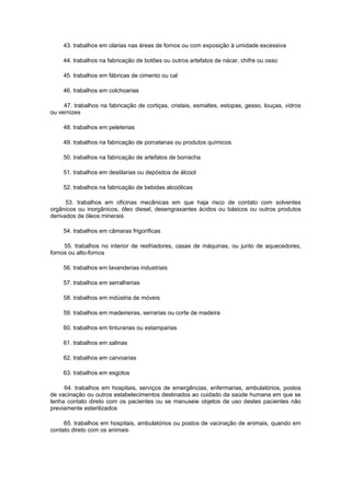 43. trabalhos em olarias nas áreas de fornos ou com exposição à umidade excessiva

     44. trabalhos na fabricação de botões ou outros artefatos de nácar, chifre ou osso

     45. trabalhos em fábricas de cimento ou cal

     46. trabalhos em colchoarias

     47. trabalhos na fabricação de cortiças, cristais, esmaltes, estopas, gesso, louças, vidros
ou vernizes

     48. trabalhos em peleterias

     49. trabalhos na fabricação de porcelanas ou produtos químicos

     50. trabalhos na fabricação de artefatos de borracha

     51. trabalhos em destilarias ou depósitos de álcool

     52. trabalhos na fabricação de bebidas alcoólicas

      53. trabalhos em oficinas mecânicas em que haja risco de contato com solventes
orgânicos ou inorgânicos, óleo diesel, desengraxantes ácidos ou básicos ou outros produtos
derivados de óleos minerais

     54. trabalhos em câmaras frigoríficas

     55. trabalhos no interior de resfriadores, casas de máquinas, ou junto de aquecedores,
fornos ou alto-fornos

     56. trabalhos em lavanderias industriais

     57. trabalhos em serralherias

     58. trabalhos em indústria de móveis

     59. trabalhos em madeireiras, serrarias ou corte de madeira

     60. trabalhos em tinturarias ou estamparias

     61. trabalhos em salinas

     62. trabalhos em carvoarias

     63. trabalhos em esgotos

     64. trabalhos em hospitais, serviços de emergências, enfermarias, ambulatórios, postos
de vacinação ou outros estabelecimentos destinados ao cuidado da saúde humana em que se
tenha contato direto com os pacientes ou se manuseie objetos de uso destes pacientes não
previamente esterilizados

     65. trabalhos em hospitais, ambulatórios ou postos de vacinação de animais, quando em
contato direto com os animais
 