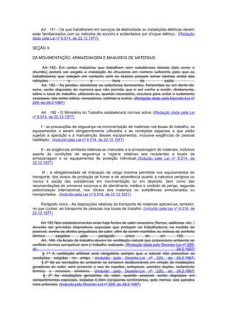 Art . 181 - Os que trabalharem em serviços de eletricidade ou instalações elétricas devem
estar familiarizados com os métodos de socorro a acidentados por choque elétrico. (Redação
dada pela Lei nº 6.514, de 22.12.1977)

SEÇÃO X

DA MOVIMENTAÇÃO, ARMAZENAGEM E MANUSEIO DE MATERIAIS

      Art 182. Em certas indústrias que trabalham com substâncias tóxicas (tais como o
chumbo) poderá ser exigida a instalação de chuveiros em número suficiente para que os
trabalhadores que estejam em contacto com os tóxicos possam tomar banhos antes das
refeições             e            à           hora            da             saida.
      Art. 182 - As janelas, clarabóias ou coberturas iluminantes, horizontais ou em dente-de-
serra, serão dispostas de maneira que não permita que o sol venha a incidir, diretamente,
sôbre o local de trabalho, utilizando-se, quando necessário, recursos para evitar o isolamento
excessivo, tais como toldos, venezianas, cortinas e outros. (Redação dada pelo Decreto-Lei nº
229, de 28.2.1967)

      Art . 182 - O Ministério do Trabalho estabelecerá normas sobre: (Redação dada pela Lei
nº 6.514, de 22.12.1977)

      I - as precauções de segurança na movimentação de materiais nos locais de trabalho, os
equipamentos a serem obrigatoriamente utilizados e as condições especiais a que estão
sujeitas a operação e a manutenção desses equipamentos, inclusive exigências de pessoal
habilitado; (Incluído pela Lei nº 6.514, de 22.12.1977)

     II - as exigências similares relativas ao manuseio e à armazenagem de materiais, inclusive
quanto às condições de segurança e higiene relativas aos recipientes e locais de
armazenagem e os equipamentos de proteção individual; (Incluído pela Lei nº 6.514, de
22.12.1977)

     III - a obrigatoriedade de indicação de carga máxima permitida nos equipamentos de
transporte, dos avisos de proibição de fumar e de advertência quanto à natureza perigosa ou
nociva à saúde das substâncias em movimentação ou em depósito, bem como das
recomendações de primeiros socorros e de atendinento médico e símbolo de perigo, segundo
padronização internacional, nos rótulos dos materiais ou substâncias armazenados ou
transportados. (Incluído pela Lei nº 6.514, de 22.12.1977)

     Parágrafo único - As disposições relativas ao transporte de materiais aplicam-se, também,
no que couber, ao transporte de pessoas nos locais de trabalho. (Incluído pela Lei nº 6.514, de
22.12.1977)

     Art 183 Nos estabelecimentos onde haja fontes de calor excessivo (fornos, caldeiras, etc. )
deverão ser previstos dispositivos especiais que protejam os trabalhadores na medida do
possível, contra os efeitos prejudiciais do calor, afim de serem mantidos os índices da conforto
térmico       exigidos       pelo        parágrafo       único     do       art.      165.
     Art. 183. Os locais de trabalho devem ter ventilação natural que proporcione ambiente de
confôrto térmico compatível com o trabalho realizado. (Redação dada pelo Decreto-Lei nº 229,
de                                                                                   28.2.1967)
      § 1º A ventilação artificial será obrigatória sempre que a natural não preencher as
condições exigidas no artigo. (Incluído pelo Decreto-Lei nº 229, de 28.2.1967)
     § 2º Se as condições do ambiente se tornarem desfavoráveis em virtude de instalações
geradoras de calor, será prescrito o uso de capelas, anteparos, paredes duplas, isolamento
térmico e recursos similares. (Incluído pelo Decreto-Lei nº 229, de 28.2.1967)
      § 3º As instalações geradoras de calor, quando possível, serão dispostas em
compartimentos especiais, isoladas 0,50m (cinqüenta centímetros), pelo menos, das paredes
mais próximas. (Incluído pelo Decreto-Lei nº 229, de 28.2.1967)
 
