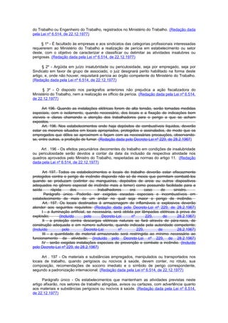 do Trabalho ou Engenheiro do Trabalho, registrados no Ministério do Trabalho. (Redação dada
pela Lei nº 6.514, de 22.12.1977)

     § 1º - É facultado às empresas e aos sindicatos das categorias profissionais interessadas
requererem ao Ministério do Trabalho a realização de perícia em estabelecimento ou setor
deste, com o objetivo de caracterizar e classificar ou delimitar as atividades insalubres ou
perigosas. (Redação dada pela Lei nº 6.514, de 22.12.1977)

      § 2º - Argüida em juízo insalubridade ou periculosidade, seja por empregado, seja por
Sindicato em favor de grupo de associado, o juiz designará perito habilitado na forma deste
artigo, e, onde não houver, requisitará perícia ao órgão competente do Ministério do Trabalho.
(Redação dada pela Lei nº 6.514, de 22.12.1977)

      § 3º - O disposto nos parágrafos anteriores não prejudica a ação fiscalizadora do
Ministério do Trabalho, nem a realização ex officio da perícia. (Redação dada pela Lei nº 6.514,
de 22.12.1977)

      Art 196. Quando as instalações elétricas forem de alta tensão, serão tomadas medidas
especiais, com o isolamento, quando necessário, dos locais e a fixação de indicações bem
visíveis e claras chamando a atenção dos trabalhadores para o perigo a que se acham
expostos.
      Art. 196. Nos estabelecimentos onde haja depósitos de combustíveis líquidos, deverão
estar os mesmos situados em locais apropriados, protegidos e assinalados, de modo que os
empregados que dêles se aproximem o façam com as necessárias precauções, observando-
se, entre outras, a proibição de fumar. (Redação dada pelo Decreto-Lei nº 229, de 28.2.1967)

    Art . 196 - Os efeitos pecuniários decorrentes do trabalho em condições de insalubridade
ou periculosidade serão devidos a contar da data da inclusão da respectiva atividade nos
quadros aprovados pelo Ministro do Trabalho, respeitadas as normas do artigo 11. (Redação
dada pela Lei nº 6.514, de 22.12.1977)

      Art 197. Todos os estabelecimentos e locais de trabalho deverão estar efiscazmente
protegidos contra o perigo de incêndio dispondo não só de meios que permitam combatê-los
quando se produzam (extintor ou mangueiras, depósitos de areia ou outros dispositivos
adequados no gênero especial de incêndio mais a temer) como possuindo facilidade para a
saída       rápida      dos              trabalhadores     era      caso   de       sinistro.
       Parágrafo único. Poderão ser exigidas escadas especiais e incombustíveis em
estabelecimento de mais de um andar no qual seja maior o perigo de incêndio.
      Art. 197. Os locais destinados à armazenagem de inflamáveis e explosivos deverão
atender aos seguintes requisitos: (Redação dada pelo Decreto-Lei nº 229, de 28.2.1967)
      I - a iluminação artificial, se necessária, será obtida por lâmpadas elétricas à prova de
explosão;        (Incluído       pelo       Decreto-Lei     nº       229,    de       28.2.1967)
      II - a proteção contra descargas elétricas naturais se fará através de pára-raios, de
construção adequada e em número suficiente, quando indicada pela autoridade competente;
(Incluído          pelo          Decreto-Lei         nº        229,       de          28.2.1967)
      III - a quantidade de material armazenado será restringida ao mínimo necessário ao
funcionamento da atividade; (Incluído pelo Decreto-Lei nº 229, de 28.2.1967)
      IV - serão exigidas instalações especiais de prevenção e combate a incêndio. (Incluído
pelo Decreto-Lei nº 229, de 28.2.1967)

      Art . 197 - Os materiais e substâncias empregados, manipulados ou transportados nos
locais de trabalho, quando perigosos ou nocivos à saúde, devem conter, no rótulo, sua
composição, recomendações de socorro imediato e o símbolo de perigo correspondente,
segundo a padronização internacional. (Redação dada pela Lei nº 6.514, de 22.12.1977)

      Parágrafo único - Os estabelecimentos que mantenham as atividades previstas neste
artigo afixarão, nos setores de trabalho atingidas, avisos ou cartazes, com advertência quanto
aos materiais e substâncias perigosos ou nocivos à saúde. (Redação dada pela Lei nº 6.514,
de 22.12.1977)
 