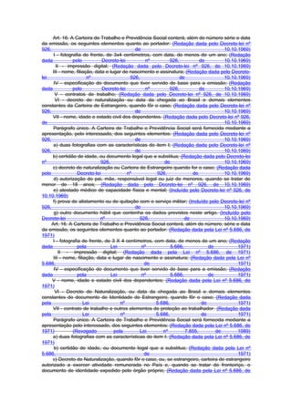 Art. 16. A Carteira de Trabalho e Previdência Social conterá, além do número série e data
da emissão, os seguintes elementos quanto ao portador: (Redação dada pelo Decreto-lei nº
926,                                          de                                      10.10.1969)
      I - fotografia de frente, de 3x4 centímetros, com data, de menos de um ano; (Redação
dada            pelo           Decreto-lei          nº       926,           de        10.10.1969)
        II - impressão digital; (Redação dada pelo Decreto-lei nº 926, de 10.10.1969)
     III - nome, filiação, data e lugar de nascimento e assinatura; (Redação dada pelo Decreto-
lei                    nº                   926,                  de                  10.10.1969)
      IV - especificação do documento que tiver servido de base para a emissão; (Redação
dada            pelo           Decreto-lei          nº       926,           de        10.10.1969)
       V - contratos de trabalho; (Redação dada pelo Decreto-lei nº 926, de 10.10.1969)
       VI - decreto de naturalização ou data da chegada ao Brasil e demais elementos
constantes da Carteira de Estrangeiro, quando fôr o caso; (Redação dada pelo Decreto-lei nº
926,                                          de                                      10.10.1969)
     VII - nome, idade e estado civil dos dependentes. (Redação dada pelo Decreto-lei nº 926,
de                                                                                    10.10.1969)
      Parágrafo único. A Carteira de Trabalho e Previdência Social será fornecida mediante a
apresentação, pelo interessado, dos seguintes elementos: (Redação dada pelo Decreto-lei nº
926,                                          de                                      10.10.1969)
      a) duas fotografias com as características do item I; (Redação dada pelo Decreto-lei nº
926,                                          de                                      10.10.1969)
     b) certidão de idade, ou documento legal que a substitua; (Redação dada pelo Decreto-lei
nº                            926,                         de                         10.10.1969)
     c) decreto de naturalização ou Carteira de Estrangeiro quando for o caso; (Redação dada
pelo               Decreto-lei             nº          926,             de            10.10.1969)
      d) autorização do pai, mãe, responsável legal ou juiz de menores, quando se tratar de
menor de 18 anos; (Redação dada pelo Decreto-lei nº 926, de 10.10.1969)
      e) atestado médico de capacidade física e mental; (Incluído pelo Decreto-lei nº 926, de
10.10.1969)
     f) prova de alistamento ou de quitação com o serviço militar; (Incluído pelo Decreto-lei nº
926,                                          de                                      10.10.1969)
      g) outro documento hábil que contenha os dados previstos neste artigo. (Incluído pelo
Decreto-lei                   nº                926,                 de               10.10.1969)
     Art. 16. A Carteira de Trabalho e Previdência Social conterá, além do número, série e data
da emissão, os seguintes elementos quanto ao portador: (Redação dada pela Lei nº 5.686, de
1971)
      I - fotografia de frente, de 3 X 4 centímetros, com data, de menos de um ano; (Redação
dada               pela            Lei            nº          5.686,            de          1971)
          II - impressão digital; (Redação dada pela Lei nº 5.686, de 1971)
      III - nome, filiação, data e lugar de nascimento e assinatura; (Redação dada pela Lei nº
5.686,                                             de                                       1971)
      IV - especificação do documento que tiver servido de base para a emissão; (Redação
dada               pela            Lei            nº          5.686,            de          1971)
     V - nome, idade e estado civil dos dependentes; (Redação dada pela Lei nº 5.686, de
1971)
       VI - Decreto de Naturalização, ou data da chegada ao Brasil e demais elementos
constantes do documento de Identidade de Estrangeiro, quando fôr o caso; (Redação dada
pela                  Lei              nº              5.686,                de             1971)
     VII - contrato de trabalho e outros elementos de proteção ao trabalhador. (Redação dada
pela                  Lei              nº              5.686,                de             1971)
      Parágrafo único. A Carteira de Trabalho e Previdência Social será fornecida mediante a
apresentação pelo interessado, dos seguintes elementos: (Redação dada pela Lei nº 5.686, de
1971)           (Revogado           pela         Lei      nº         7.855,        de       1989)
     a) duas fotografias com as características do item I; (Redação dada pela Lei nº 5.686, de
1971)
      b) certidão de idade, ou documento legal que a substitua; (Redação dada pela Lei nº
5.686,                                             de                                       1971)
     c) Decreto de Naturalização, quando fôr o caso, ou, se estrangeiro, carteira de estrangeiro
autorizado a exercer atividade remunerada no País e, quando se tratar de fronteiriço, o
documento de identidade expedido pelo órgão próprio; (Redação dada pela Lei nº 5.686, de
 