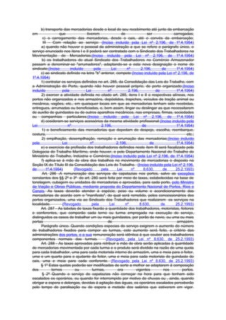 b) transporte das mercadorias desde o local do seu recebimento até junto da embarcação
em                 que             tiverem                de               ser          carregadas;
       c) o carregamento das mercadorias, desde o cais, até o convés da embarcação;
       III - Com relação ao serviço: (Inciso incluído pela Lei nº 2.196, de 1º.4.1954)
      a) quando não houver o pessoal da administração a que se refere o parágrafo único, o
serviço enunciado nos ítens I e II poderá ser contratado com o Sindicato dos Trabalhadores na
Movimentação de Mercadorias;(Inciso incluído pela Lei nº 2.196, de 1º.4.1954)
      b) os trabalhadores do atual Sindicato dos Trabalhadores no Comércio Armazenador
passam a denominar-se "arrumadores", adaptando-se a esta nova designação o nome do
sindicato;(Inciso         incluído       pela       Lei       nº       2.196,      de     1º.4.1954)
      c) ao sindicato definido na letra "b" anterior, compete:(Inciso incluído pela Lei nº 2.196, de
1º.4.1954)
      1) contratar os serviços definidos no art. 285, da Consolidação das Leis do Trabalho, com
a Administração do Porto, quando não houver pessoal próprio, de porto organizado;(Inciso
incluído             pela          Lei            nº           2.196,           de        1º.4.1954)
      2) exercer a atividade definida no citado art. 285, itens I e II e respectivas alíneas, nos
portos não organizados e nos armazéns, depóstidos, trapiches, veículos de tração animal ou
mecânica, vagões, etc., em quaisquer locais em que as mercadorias tenham sido recebidas,
entregues, arrumadas ou beneficiadas, e, bem assim, lingar ou deslingar as que necessitarem
de auxílio de guindastes ou de outros aparelhos mecânicos, nas empresas, firmas, sociedades
ou companhias particulares;(Inciso incluído pela Lei nº 2.196, de 1º.4.1954)
      d) cosideram-se serviços acessórios da mesma atividade profissional:(Inciso incluído pela
Lei                      nº                   2.196,                    de                1º.4.1954)
      1) o beneficiamento das mercadorias que depedam de despejo, escolha, reembarque,
costura,                                                                                        etc.;
      2) empilhação, desempilhação, remoção e arrumação das mercadorias;(Inciso incluído
pela                 Lei              nº               2.196,               de            1º.4.1954)
      e) o exercício da profissão dos trabalhadores definidos neste ítem III será fiscalizado pela
Delegacia do Trabalho Marítimo, onde houver, e pelo Departamento Nacional do Trabalho do
Ministério do Trabalho, Indústria e Comércio;(Inciso incluído pela Lei nº 2.196, de 1º.4.1954)
      f) aplica-se à mão de obra dos trabalhos no movimento de mercadorias o disposto na
Seção IX do Título III da Consolidação das Leis do Trabalho. (Inciso incluído pela Lei nº 2.196,
de        1º.4.1954)        (Revogado         pela      Lei      nº      8.630,     de   25.2.1993)
      Art. 286 -A remuneração dos serviços de capatazias nos portos, salvo as exceções
constantes dos §§ 2º e 3º do art. 280 será feita por meio de taxas, estabelecidas na base de
tonelagem, cubagem ou unidades de mercadorias e aprovadas, para cada porto, pelo Ministro
da Viação e Obras Públicas, mediante proposta do Departamento Nacional de Portos, Rios e
Canais. As taxas deverão atender à espécie, peso ou volume e acondicionamento das
mercadorias de acordo com o "manifesto", do qual será remetido, pelos concessionários dos
portos organizados, uma via ao Sindicato dos Trabalhadores que realizarem os serviços na
localidade.          (Revogado         pela        Lei      nº        8.630,       de    25.2.1993)
      Art. 287 - As tabelas de taxas fixarão a quantidade dos trabalhadores, motoristas, feitores
e conferentes, que comporão cada terno ou turma empregada na execução do serviço,
distinguidos os casos de trabalhar um ou mais guindastes, por porão de navio, ou uma ou mais
portas                                            de                                      armazém.
      Parágrafo único. Quando condições especias do serviço exigirem o aumento do número
de trabalhadores fixados para compor as turmas, este aumento será feito, a critério das
administrações dos portos, e a sua remuneração será idêntica à que couber aos trabalhadores
componentes normais das turmas.                  (Revogado pela Lei nº 8.630, de 25.2.1993)
      Art. 288 - As taxas aprovadas para retribuir a mão de obra serão aplicadas à quantidade
de mercadorias movimentada por cada turma e o produto será dividido na razão de uma quota
para cada trabalhador, uma para cada motorista interno do armazém, uma e meia para o feitor,
uma e um quarto para o ajudante do feitor, uma e meia para cada motorista do guindaste do
cais, uma e meia para cada conferente. (Revogado pela Lei nº 8.630, de 25.2.1993)
      § 1º Estas quotas poderão ser modificadas de sorte a melhor se adaptarem à composição
dos           ternos         ou        turmas,          ora         vigentes        nos       portos.
       § 2º Quando o serviço de capatazias não começar na hora para que tenham sido
escalados os operários, ou quando for interrompido por motivo de chuvas ou , ainda, quando
obrigar a espera e delongas, devidas à agitação das águas, os operários escalados perceberão
pelo tempo de paralisação ou de espera a metade dos salários que estiverem em vigor.
 