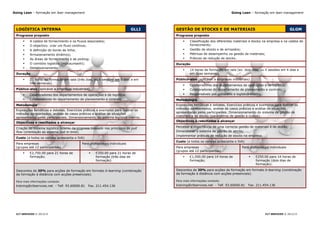 Going Lean – formação em lean management                                                                              Going Lean – formação em lean management




 LOGÍSTICA INTERNA                                                          GLLI   GESTÃO DE STOCKS E DE MATERIAIS                                            GLGM
 Programa proposto                                                                 Programa proposto
         A cadeia de fornecimento e os fluxos associados;                                 Classificação dos diferentes materiais e stocks na empresa e na cadeia de
         O objectivo: criar um fluxo contínuo;                                             fornecimento;
         A definição do bordo de linha;                                                   Gestão de stocks e de armazéns;
         Armazenamento dinâmico;                                                          Métricas de desempenho na gestão de materiais;
         As áreas de fornecimento e de picking;                                           Práticas de redução de stocks.
         O combóio logístico (mizusumashi);                                       Duração
         Dimensionamento.
                                                                                           14 horas de formação em sala (ex. dois dias, ou 4 sessões em 4 dias e
 Duração                                                                                    em duas semanas).
         21 horas de formação em sala (três dias, ou 6 sessões em 6 dias e em     Público-alvo (aplicável a empresas industriais)
          três semanas).
                                                                                           Colaboradores dos departamentos de operações e de logística;
 Público-alvo (aplicável a empresas industriais)                                           Colaboradores do departamento de planeamento e controlo;
         Colaboradores dos departamentos de operações e de logística;                     Responsáveis por armazéns e logística interna.
         Colaboradores do departamento de planeamento e controlo.                 Metodologia
 Metodologia                                                                       Exposições temáticas e debates. Exercícios práticos e exemplos para ilustrar os
 Exposições temáticas e debates. Exercícios práticos e exemplos para ilustrar os   métodos apresentados, análise de casos práticos e análise de situações
 métodos apresentados, análise de casos práticos e análise de situações            apresentadas pelos participantes. Dimensionamento do sistema de gestão de
 apresentadas pelos participantes. Dimensionamento do sistema logístico interno.   materiais e de stocks (parâmetros de gestão e custos).

 Objectivos e resultados a alcançar                                                Objectivos e resultados a alcançar

 Criação do sistema logístico interno da empresa baseado nos princípios do pull    Perceber a importância de uma correcta gestão de materiais e de stocks;
 flow (orientação ao sistema just in time).                                        Dimensionar o sistema de gestão de stocks;
                                                                                   Implementar práticas de redução de stocks na empresa.
 Custo (a todos os valores acrescenta o IVA)
                                                                                   Custo (a todos os valores acrescenta o IVA)
 Para empresas                             Para profissionais individuais
 (grupos até 12 participantes)                                                     Para empresas                             Para profissionais individuais
                                                                                   (grupos até 12 participantes)
         €2,750.00 para 21 horas de               €350.00 para 21 horas de
          formação;                                 formação (três dias de                 €1,500.00 para 14 horas de               €250.00 para 14 horas de
                                                    formação)                               formação;                                 formação (dois dias de
                                                                                                                                      formação).

 Descontos de 30% para acções de formação em formato b-learning (combinação        Descontos de 30% para acções de formação em formato b-learning (combinação
 da formação à distância com acções presenciais).                                  da formação à distância com acções presenciais).

 Para mais informações contacte:                                                   Para mais informações contacte:
 training@cltservices.net - Telf. 93.60000.81   Fax. 211.454.136                   training@cltservices.net - Telf. 93.60000.81   Fax. 211.454.136




 CLT SERVICES © 2013/15                                                                                                                     CLT SERVICES © 2013/15
 