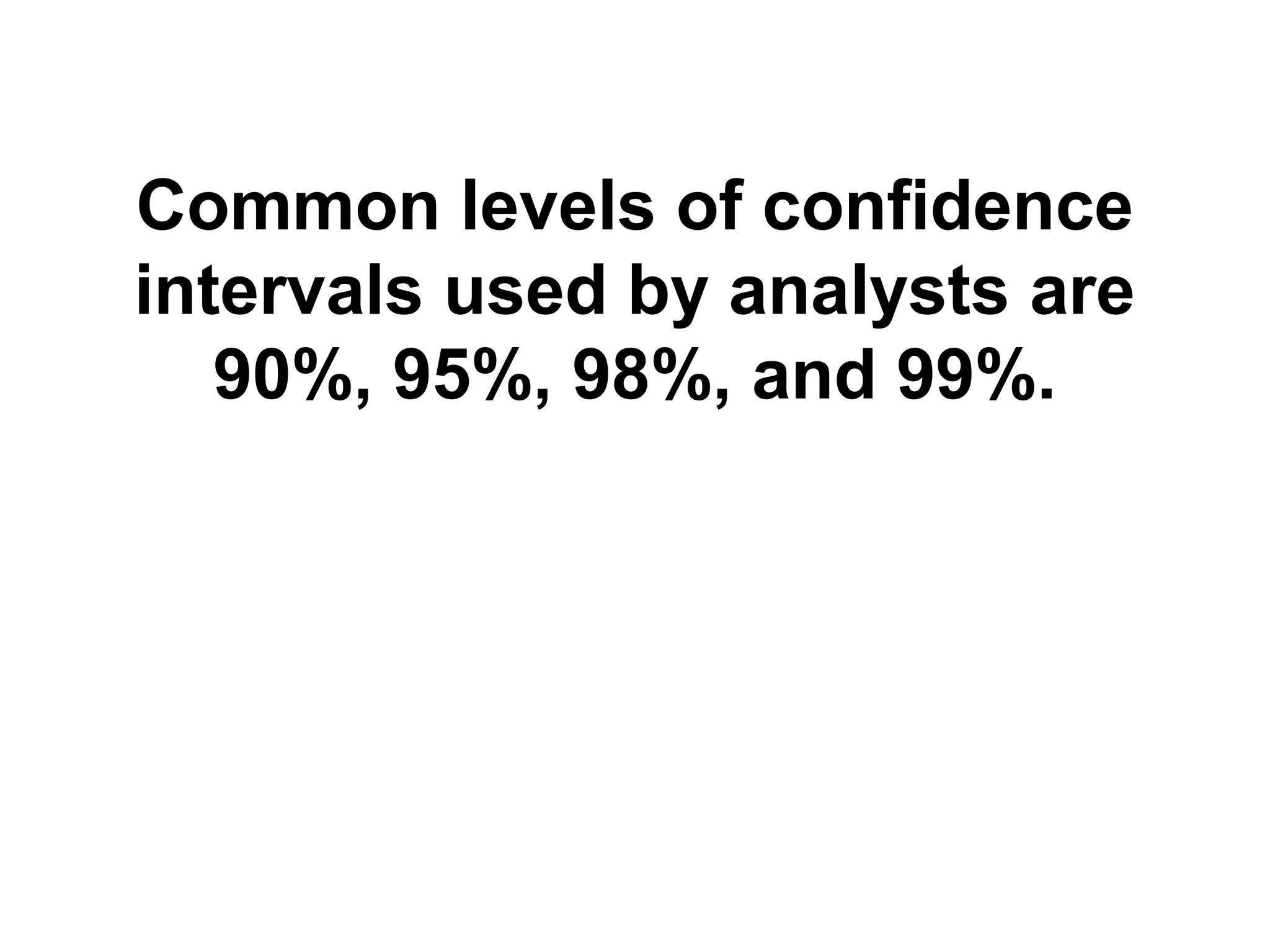 Common levels of confidence
intervals used by analysts are
90%, 95%, 98%, and 99%.
 
