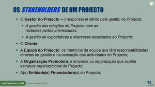 15
de 60
João Paulo Pinto © 2015 PROJECT MANAGEMENT
OS STAKEHOLDERS DE UM PROJECTO
 O Gestor do Projecto – o responsável último pela gestão do Projecto:
 A gestão das relações do Projecto com as
restantes partes interessadas;
 A gestão de expectativas e interesses associados ao Projecto;
 O Cliente;
 A Equipa do Projecto: os membros da equipa que têm responsabilidades
directas na gestão e na execução das actividades do Projecto;
 A Organização Promotora: a empresa ou organização que acolhe
estrutura organizacional do Projecto;
 A(s) Entidade(s) Financiadora(s) do Projecto;
 