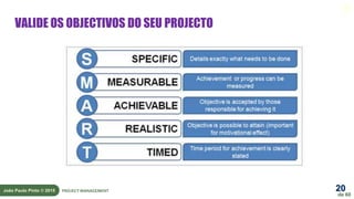 20
de 60
João Paulo Pinto © 2015 PROJECT MANAGEMENT
VALIDE OS OBJECTIVOS DO SEU PROJECTO
 