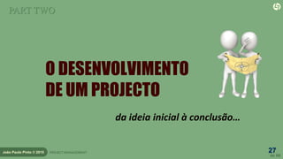 27
de 60
João Paulo Pinto © 2015 PROJECT MANAGEMENT
O DESENVOLVIMENTO
DE UM PROJECTO
da ideia inicial à conclusão…
PART TWO
 