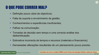 49
de 60
João Paulo Pinto © 2015 PROJECT MANAGEMENT
O QUE PODE CORRER MAL?
 Definição pouco clara de objectivos;
 Falta de suporte e envolvimento da gestão;
 Conhecimentos e experiências insuficientes;
 Falhas na comunicação;
 Tomadas de decisão sem tempo e uma correcta análise dos
dados/situação;
 Estimativa incorrecta de tempos e recursos (materiais e financeiros);
 Demasiadas alterações resultantes de um planeamento pouco preciso.
Considere de novo a análise FMEA como forma de antecipar falhas e atenuar riscos
 