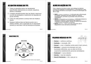 AS QU4TRO REGRAS DO TPS                                                                                ALVOS DE ACÇÃO DO TPS
              1. Todas as operações devem ser devidamente                                                             Com o objectivo de reduzir custos, sem abdicar da melhoria
                 especificadas relativamente ao conteúdo, sequência,                                                  contínua da qualidade e do desempenho, o TPS potencia o valor
                                                                                                                      aos clientes orientando a sua acção no sentido da eliminação dos
                 tempos e resultados;                                                                                 3M, ou seja:
              2. A relação cliente/fornecedor deve ser directa, inequívoca
                                                                                                                            MURI (o excesso ou a insuficiência) – é eliminado pela uniformização
                 no envio de solicitações e recebimento de respostas (ex.                                                   do trabalho. Garantido que todos seguem os mesmos
                 do tipo sim/não);                                                                                          procedimentos, tornando os processos mais previsíveis e
                                                                                                                            controláveis;
              3. O fluxo de cada produto ou serviço deve ser simples e                                                      MURA (as irregularidades ou as inconsistências) – é eliminado através da
                 directo;                                                                                                   adopção do sistema JIT procurando fazer apenas o
                                                                                                                            necessário e quando pedido. Através do sistema pull deixando
              4. Qualquer melhoria deve ser feita de acordo com o                                                           o cliente puxar os produtos ou serviços;
                 método cientifico, sob a supervisão de um responsável                                                      MUDA (desperdício) – tudo o que não acrescenta valor é
                 (sensei) ao mais baixo nível da hierarquia da empresa.                                                     desperdício e como tal deve ser eliminado.


comunidade lean thinking ©                                                                  25 de 81   comunidade lean thinking ©                                                               26 de 81




                   OBJECTIVOS TPS
                                                                                                                    PALAVRAS MÁGICAS NO TPS
                                            QUALIDADE
                                           Redução da variabilidade
                                                                                                                          Kaizen = melhoria contínua;
                                                                                                                          Kaikaku = revolução, RIE;
                                                                                                                          Kyosei = viver e trabalhar juntos para o bem comum;
                                                                                                                          Keiretsu = conjunto de empresas com core
                                             TOYOTA
                                           PRODUCTION
                                                                                                                          businesses diferentes, que se aliam de forma
                                             SYSTEM                                                                       cooperativa estabelecendo parceiras estratégicas;
                                                                                                                          Kodawari = nunca desistir;
                             CUSTO                                    ENTREGA
                             Redução do
                             muda e muri
                                                                       Redução
                                                                      do lead time                                        Gemba = local de trabalho;
                                                                                                                          Genchi Genbutsu = Vá e veja por si;

                                           TPA: Quais as “true north metrics” do seu negócio?
comunidade lean thinking ©                                                                  27 de 81   comunidade lean thinking ©                                                               28 de 81
 