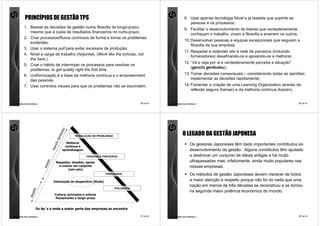 PRINCÍPIOS DE GESTÃO TPS                                                                                  8. Usar apenas tecnologia fiável e já testada que suporte as
                                                                                                                         pessoas e os processos;
           1. Basear as decisões de gestão numa filosofia de longo-prazo,
                                                                                                                      9. Facilitar o desenvolvimento de lideres que verdadeiramente
              mesmo que à custa de resultados financeiros no curto-prazo;
                                                                                                                         conheçam o trabalho, vivam a filosofia e ensinem os outros;
           2. Criar processos/fluxos contínuos de forma a tornar os problemas
                                                                                                                      10. Desenvolver pessoas e equipas excepcionais que seguiam a
              evidentes;
                                                                                                                          filosofia da sua empresa;
           3. Usar o sistema pull para evitar excessos de produção;
                                                                                                                      11. Respeitar e estender isto à rede de parceiros (incluindo
           4. Nível a carga de trabalho (heijunka). (Work like the tortoise, not
                                                                                                                          fornecedores) desafinando-os e apoiando-os a melhorar;
              the hare.)
                                                                                                                      12. “Vá e veja por si e verdadeiramente perceba a situação”
           5. Criar o hábito de interrmper os processos para resolver os
                                                                                                                          (genchi genbutsu);
              problemas, to get quality right the first time.
           6. Uniformização é a base da melhoria contínua e o empowerment                                             13. Tomar decisões consensuais – considerando todas as opiniões;
              das pessoas.                                                                                                implementar as decisões rapidamente;
           7. Usar controlos visuais para que os problemas não se escondam.                                           14. Fomentar a criação de uma Learning Organization através da
                                                                                                                          reflexão segura (hansei) e da melhoria contínua (kaizen).


comunidade lean thinking ©                                                                    29 de 81   comunidade lean thinking ©                                                    30 de 81
                                               tsu




                                                                                                                    O LEGADO DA GESTÃO JAPONESA
                                                 u
                                              enb




                                                        RESOLUÇÃO DE PROBLEMAS
                                            iG




                                                    Melhoria
                                        nch




                                                   contínua e
                                                                                                                           Os gestores Japoneses têm dado importantes contributos ao
                                     Ge




                                                 aprendizagem                                                              desenvolvimento da gestão. Alguns contributos têm ajudado
                                                                PESSOAS E PARCEIROS                                        a destronar um conjunto de ideias antigas e há muito
                                                                                                                           ultrapassadas mas, infelizmente, ainda muito populares nas
                               n




                                         Respeitar, desafiar, apoiar
                                ze
                             kai




                                           e crescer em conjunto                                                           nossas empresas;
                                                 (win-win)
                                                                           PROCESSOS                                       Os métodos de gestão Japoneses devem merecer de todos
                                       Eliminação do desperdício (Muda)                                                    a maior atenção e respeito porque não foi do nada que uma
                                                                                                                           nação em menos de três décadas se reconstruiu e se tornou
                                                                                 PHILOSOFIA
                     afio




                                                                                                                           na segunda maior potência económica do mundo.
                 des




                                        Cultura, princípios e valores
                                        Pensamento a longo-prazo


                       Os 4p´s e onde a maior parte das empresas se encontra

comunidade lean thinking ©                                                                    31 de 81   comunidade lean thinking ©                                                    32 de 81
 