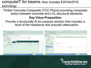 computeIT for beams- Now includes EXPAN/STIC
technology
Timber Concrete Composite (TCC Floors) providing composite
action between concrete and LVL structural elements.
Key Value Proposition
Provide a structurally fit for purpose solution that includes a
level of fire resistance and acoustic attenuation.
 