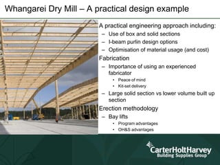 Whangarei Dry Mill – A practical design example
• A practical engineering approach including:
– Use of box and solid sections
– I-beam purlin design options
– Optimisation of material usage (and cost)
• Fabrication
– Importance of using an experienced
fabricator
• Peace of mind
• Kit-set delivery
– Large solid section vs lower volume built up
section
• Erection methodology
– Bay lifts
• Program advantages
• OH&S advantages
 