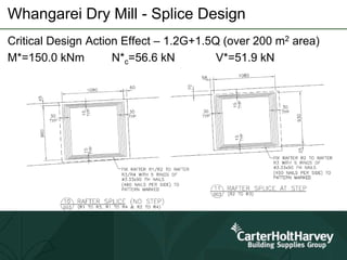 Whangarei Dry Mill - Splice Design
Critical Design Action Effect – 1.2G+1.5Q (over 200 m2 area)
M*=150.0 kNm N*c=56.6 kN V*=51.9 kN
 