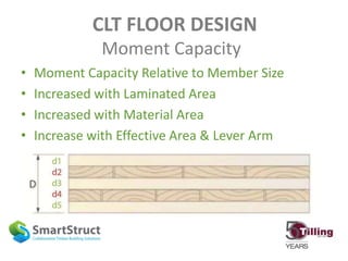 CLT FLOOR DESIGN
Moment Capacity
• Moment Capacity Relative to Member Size
• Increased with Laminated Area
• Increased with Material Area
• Increase with Effective Area & Lever Arm
 