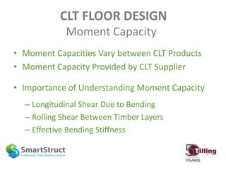 CLT FLOOR DESIGN
Moment Capacity
• Moment Capacities Vary between CLT Products
• Moment Capacity Provided by CLT Supplier
• Importance of Understanding Moment Capacity
– Longitudinal Shear Due to Bending
– Rolling Shear Between Timber Layers
– Effective Bending Stiffness
 