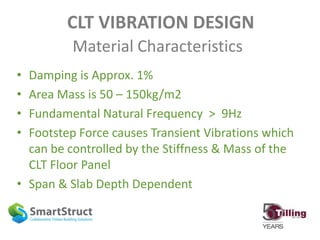 CLT VIBRATION DESIGN
Material Characteristics
• Damping is Approx. 1%
• Area Mass is 50 – 150kg/m2
• Fundamental Natural Frequency > 9Hz
• Footstep Force causes Transient Vibrations which
can be controlled by the Stiffness & Mass of the
CLT Floor Panel
• Span & Slab Depth Dependent
 