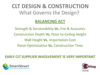 BALANCING ACT
Strength & Serviceability Vs. Fire & Acoustics
Construction Depth Vs. Floor to Ceiling Height
Wall Height Vs. Importation Cost
Panel Optimisation Vs. Construction Time
EARLY CLT SUPPLIER INVOLVEMENT IS VERY IMPORTANT
CLT DESIGN & CONSTRUCTION
What Governs the Design?
 