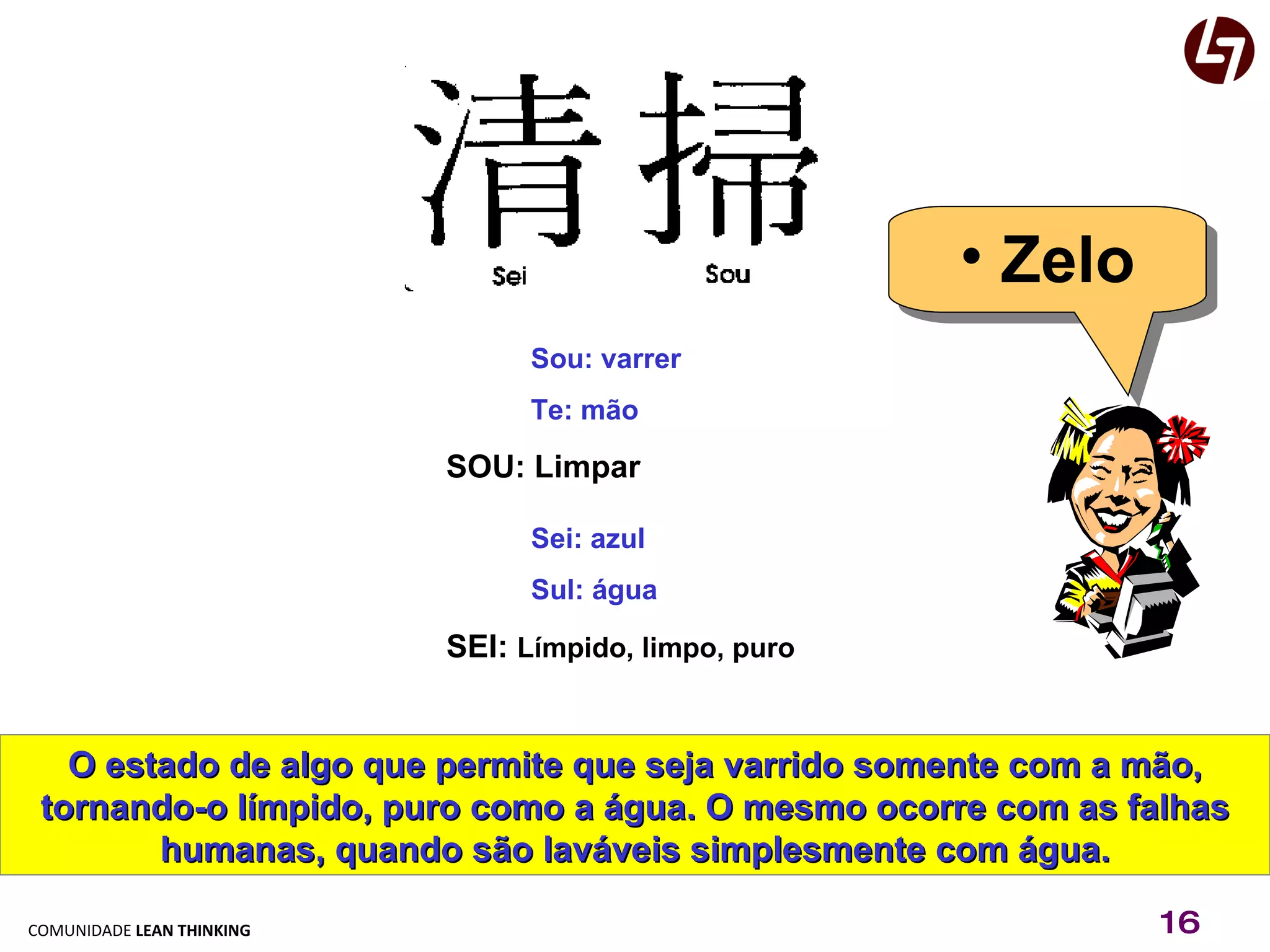 Sou: varrer Te: mão SOU: Limpar Sei: azul Sul: água SEI:  Límpido, limpo, puro O estado de algo que permite que seja varrido somente com a mão, tornando-o límpido, puro como a água. O mesmo ocorre com as falhas humanas, quando são laváveis simplesmente com água. Zelo 
