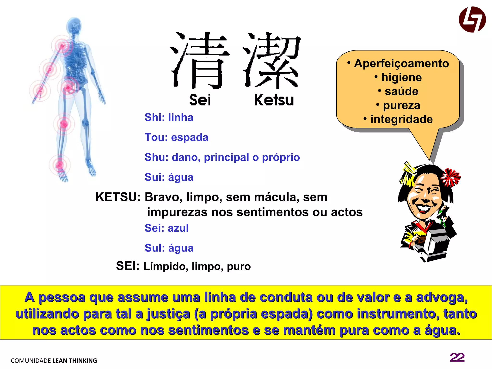 Shi: linha Tou: espada Shu: dano, principal o próprio Sui: água KETSU: Bravo, limpo, sem mácula, sem impurezas nos sentimentos ou actos Sei: azul Sul: água SEI:  Límpido, limpo, puro A pessoa que assume uma linha de conduta ou de valor e a advoga, utilizando para tal a justiça (a própria espada) como instrumento, tanto nos actos como nos sentimentos e se mantém pura como a água. Aperfeiçoamento higiene saúde pureza integridade 