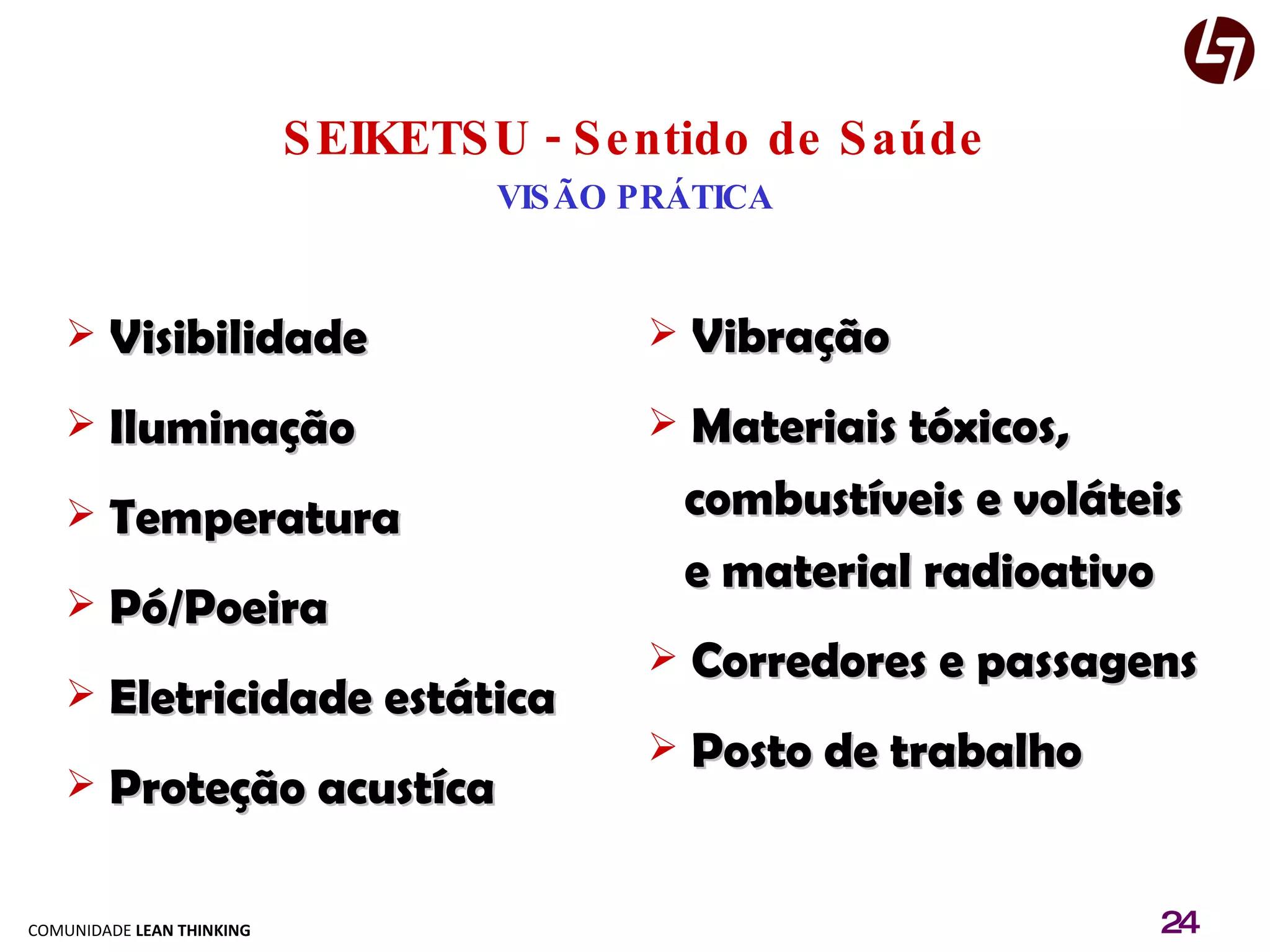 SEIKETSU - Sentido de Saúde VISÃO PRÁTICA Visibilidade Iluminação Temperatura Pó/Poeira Eletricidade estática Proteção acustíca Vibração Materiais tóxicos,  combustíveis e voláteis e material radioativo Corredores e passagens Posto de trabalho 