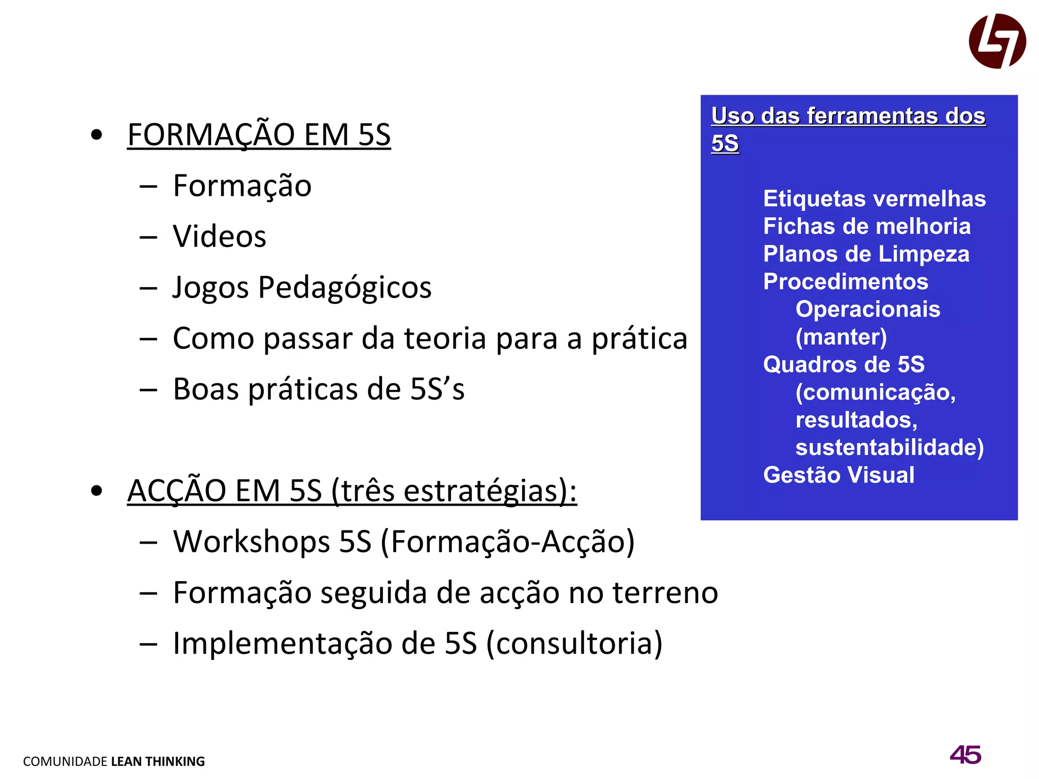 FORMAÇÃO EM 5S Formação Videos Jogos Pedagógicos Como passar da teoria para a prática Boas práticas de 5S’s ACÇÃO EM 5S (três estratégias): Workshops 5S (Formação-Acção) Formação seguida de acção no terreno Implementação de 5S (consultoria) Uso das ferramentas dos 5S Etiquetas vermelhas Fichas de melhoria Planos de Limpeza Procedimentos Operacionais (manter) Quadros de 5S (comunicação, resultados, sustentabilidade) Gestão Visual 