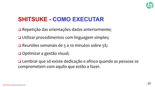 SHITSUKE - COMO EXECUTAR 
 Repetição das orientações dadas anteriormente; 
 Utilizar procedimentos com linguagem simples; 
 Reuniões semanais de 5 a 10 minutos sobre 5S; 
 Optimizar a gestão visual; 
 Lembrar que só existe dedicação e afinco quando as pessoas se 
comprometem com aquilo que estão a fazer. 
CLT SERVICES www.cltservices.net 23 
 