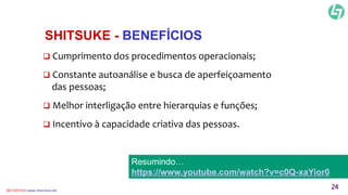 SHITSUKE - BENEFÍCIOS 
 Cumprimento dos procedimentos operacionais; 
 Constante autoanálise e busca de aperfeiçoamento 
das pessoas; 
 Melhor interligação entre hierarquias e funções; 
 Incentivo à capacidade criativa das pessoas. 
Resumindo… 
https://www.youtube.com/watch?v=c0Q-xaYior0 
CLT SERVICES www.cltservices.net 24 
 