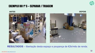 EXEMPLO DO 1º S – SEPARAR / TRIAGEM 
ANTES DEPOIS 
RESULTADOS – libertação desta espaço e poupança de €2k/mês de renda. 
CLT SERVICES www.cltservices.net 32 
 