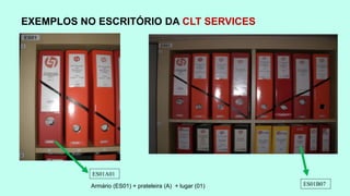 EXEMPLOS NO ESCRITÓRIO DA CLT SERVICES 
ES01A01 
Armário (ES01) + prateleira (A) + lugar (01) ES01B07 
 