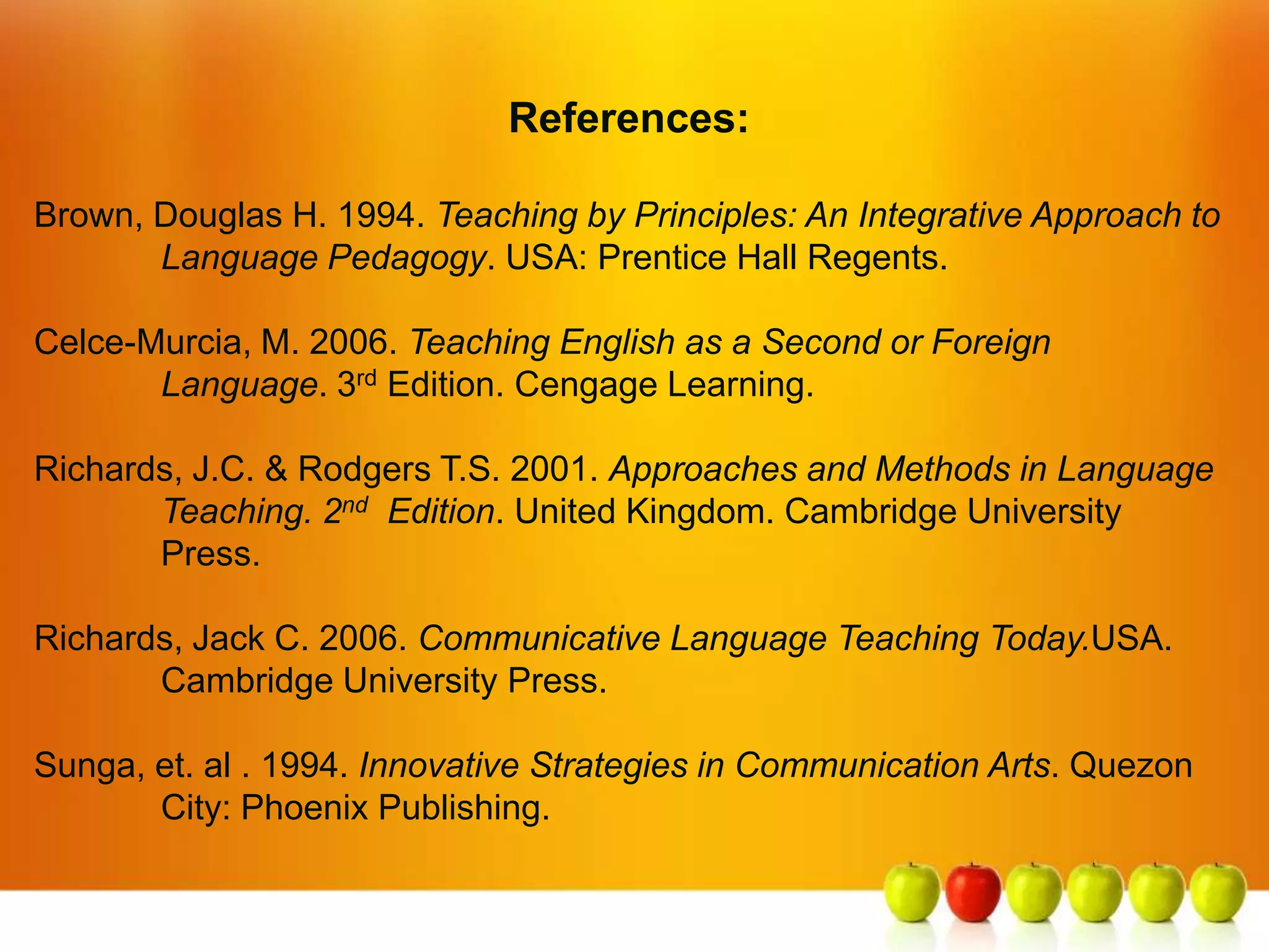 References:

Brown, Douglas H. 1994. Teaching by Principles: An Integrative Approach to
       Language Pedagogy. USA: Prentice Hall Regents.

Celce-Murcia, M. 2006. Teaching English as a Second or Foreign
       Language. 3rd Edition. Cengage Learning.

Richards, J.C. & Rodgers T.S. 2001. Approaches and Methods in Language
       Teaching. 2nd Edition. United Kingdom. Cambridge University
       Press.

Richards, Jack C. 2006. Communicative Language Teaching Today.USA.
       Cambridge University Press.

Sunga, et. al . 1994. Innovative Strategies in Communication Arts. Quezon
       City: Phoenix Publishing.
 