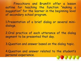 Finocchiaro and Brumfit offer a lesson
outline for teaching the function “making a
suggestion” for the learner in the beginning level
of secondary school program.

1.Presentation of a brief dialog or several mini-
dialogs.

2.Oral practice of each utterance of the dialog
segment to be presented that day.

3.Question and answer based on the dialog topic.

4.Question and answer related to the student’s
personal experience.
 